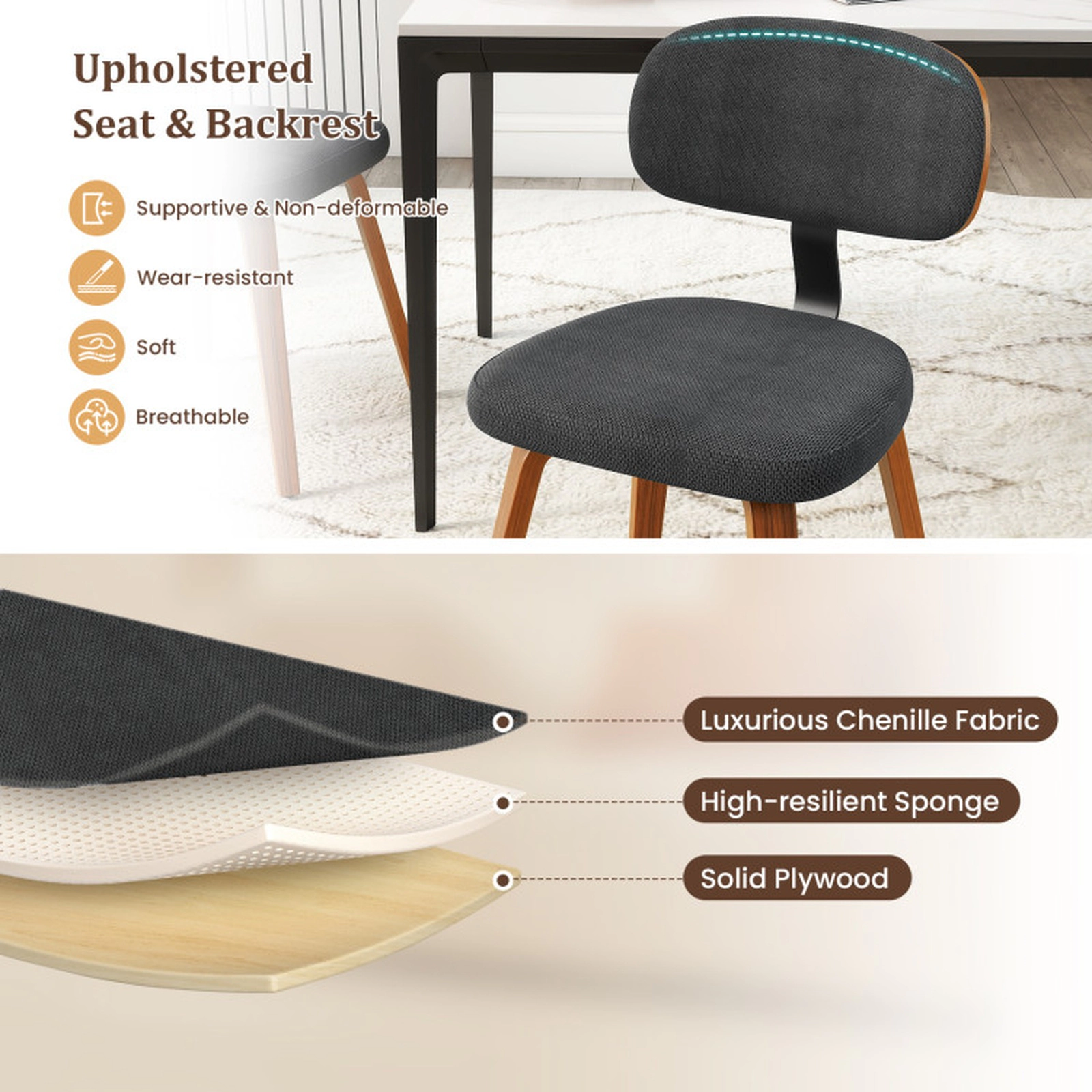 SUGIFT Set of 4 Dark Gray Chenille Upholstered Dining Chairs with Curved Backrests