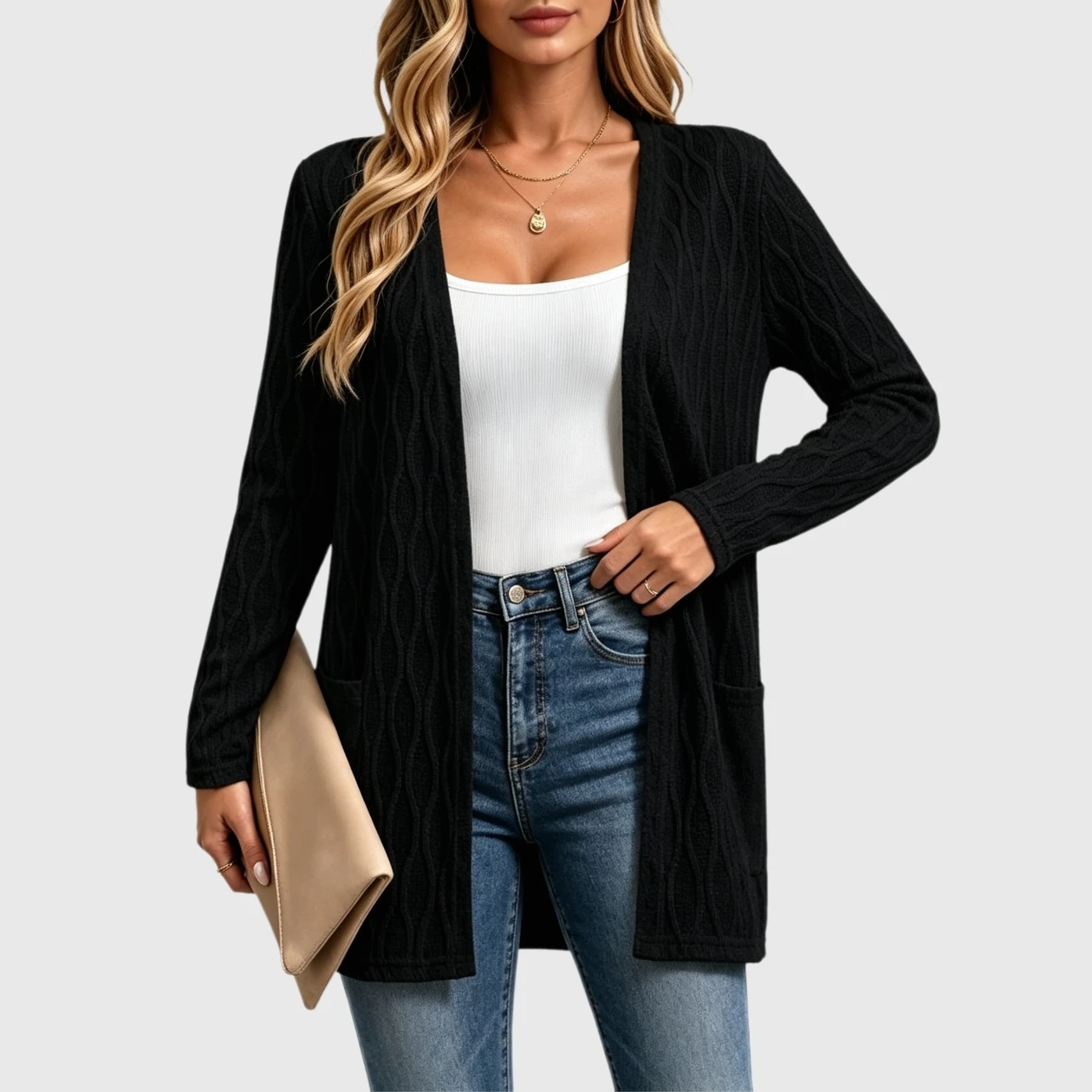 YesFashion Women's Long Cardigans Casual Open Front Sleeve Knit Loose Sweaters with Pockets