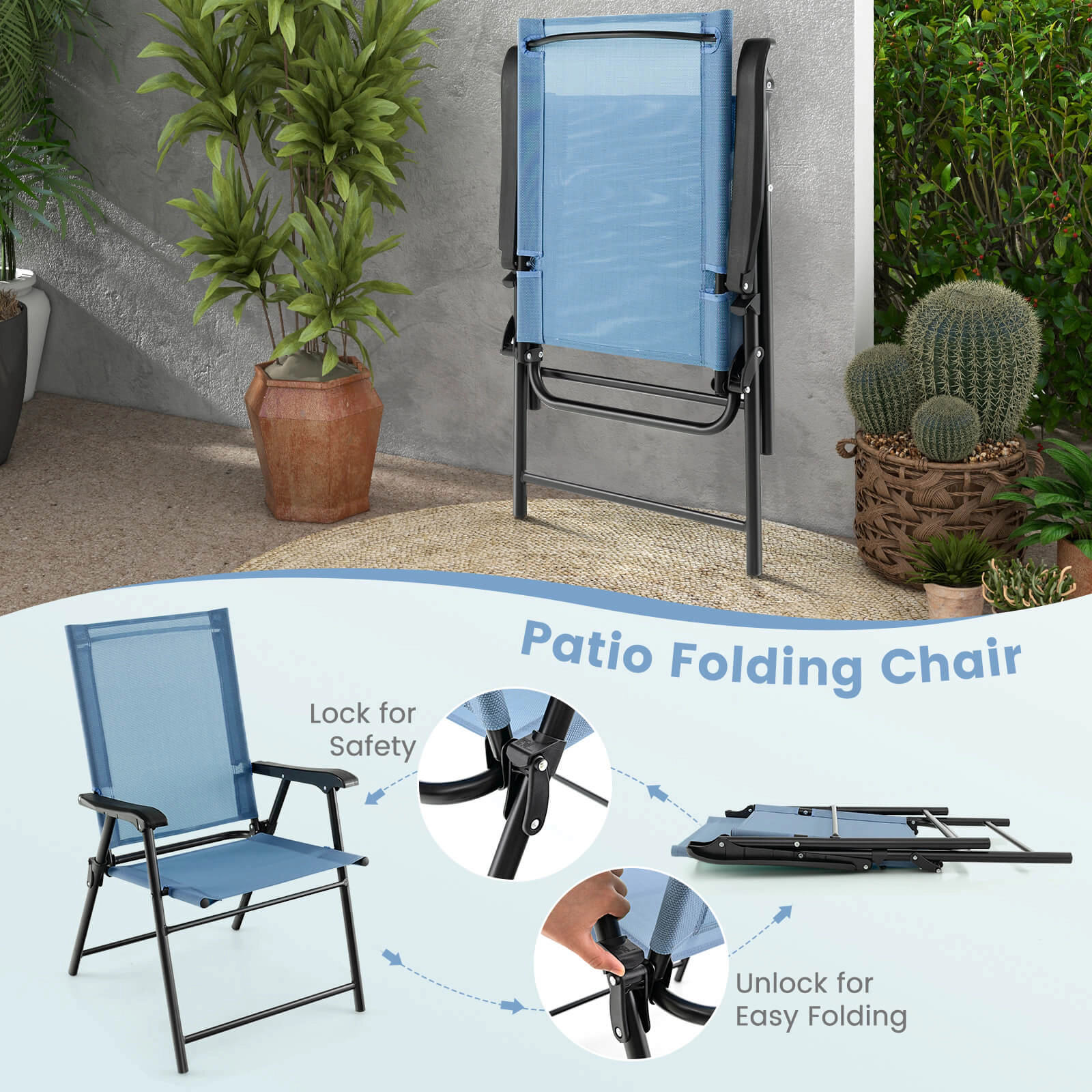SUGIFT Blue Folding Curved Armrests and Metal Frame Set of 2 Patio Dining Chairs