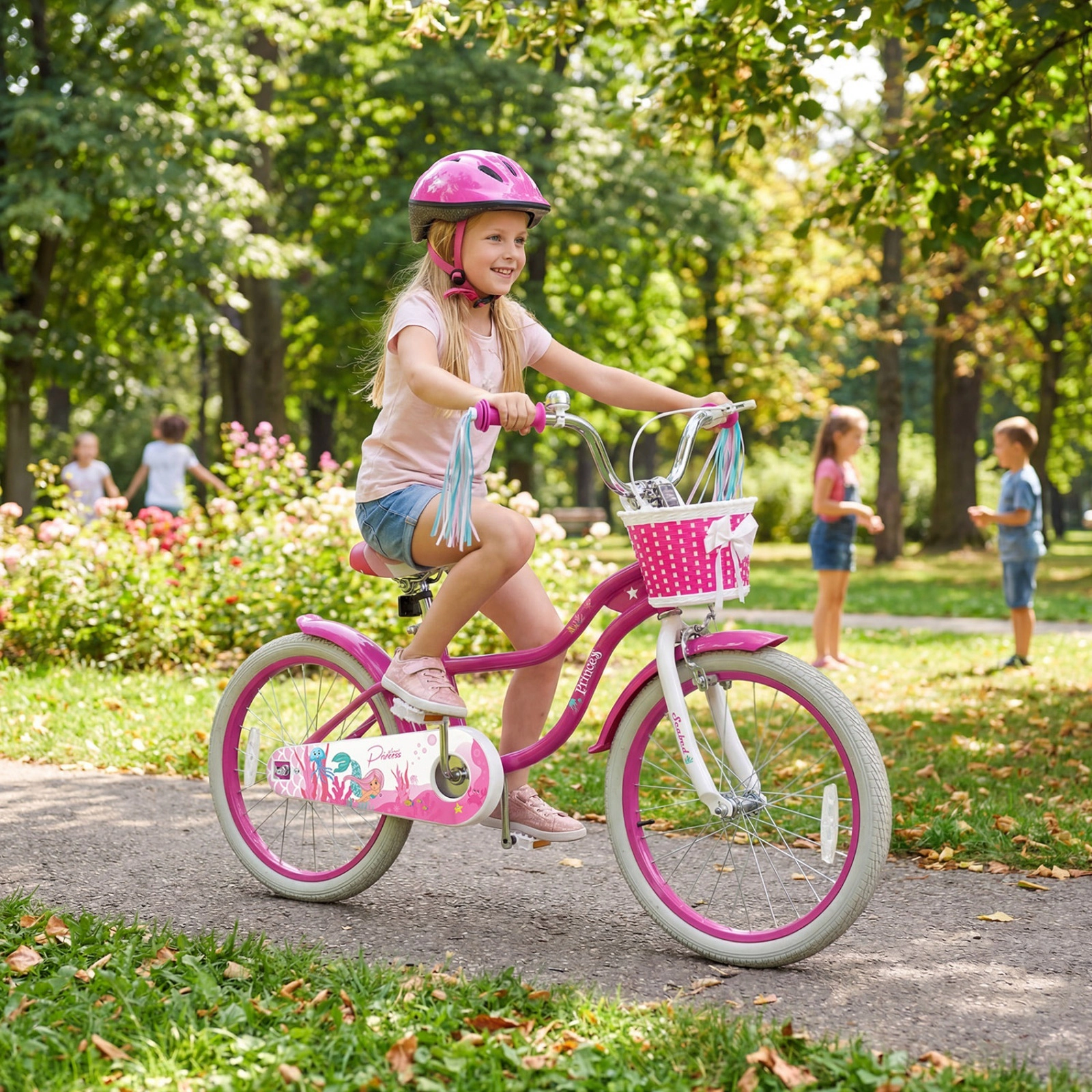 20-in Kids Bike Girls Ages 8+ Adjustable Bicycle Mermaid Theme Streamers Front Basket Kickstand 200-lb Seat Capacity