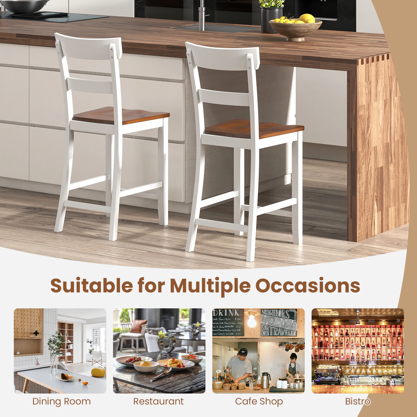 SUGIFT Dining Bar Stool Set of 2 with Solid Rubber Wood Frame 350-lb Capacity 24.5-in Seat Height 42-in Tall White