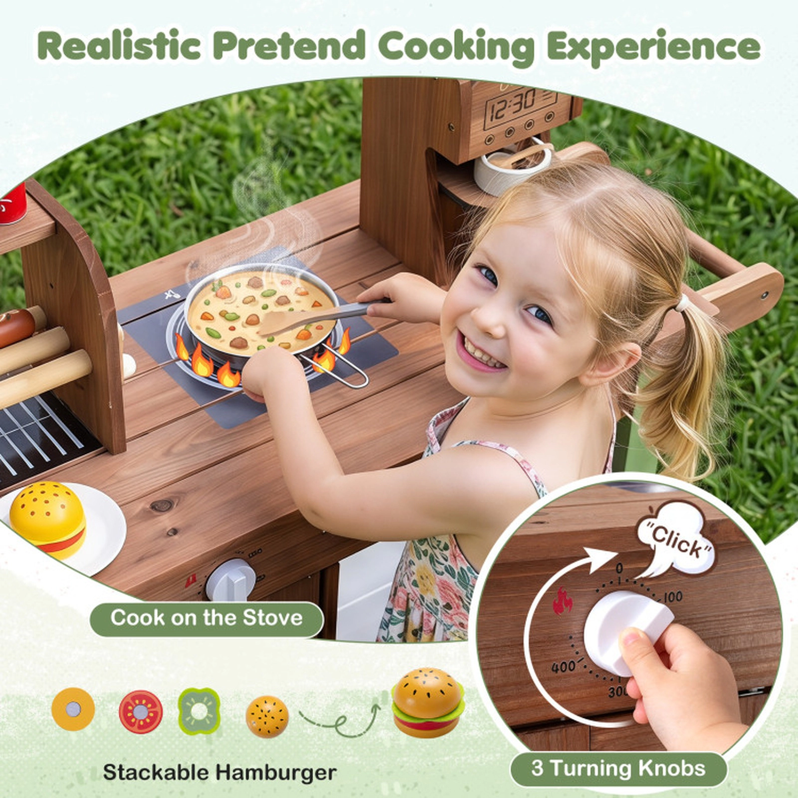 SUGIFT Hot Dog Grill Coffee Maker and Large Wheels Wooden Kids Grocery Store Playset