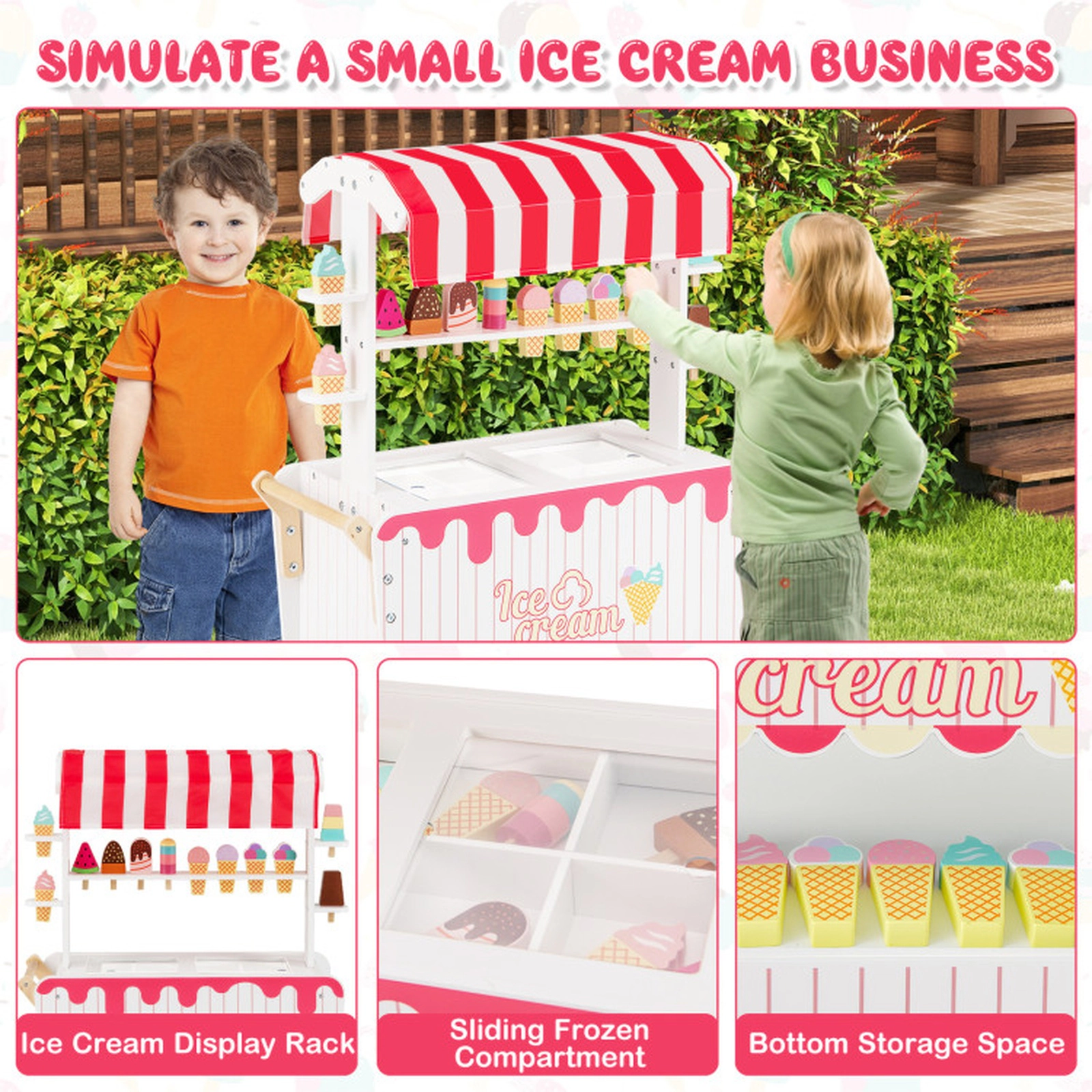 SUGIFT Kids Ice Cream Cart Playset with Display Rack and 12-Piece Accessories 34-in Tall Ages 3+ Blue Pink/Red