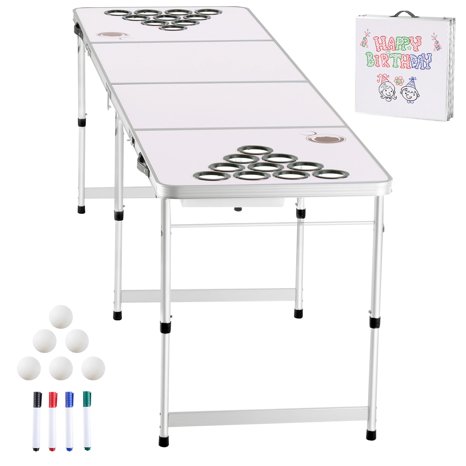 HONGGE 8 FT Portable Folding Beer Pong Table with Adjustable Height & Cup Holes, White Tailgate Table