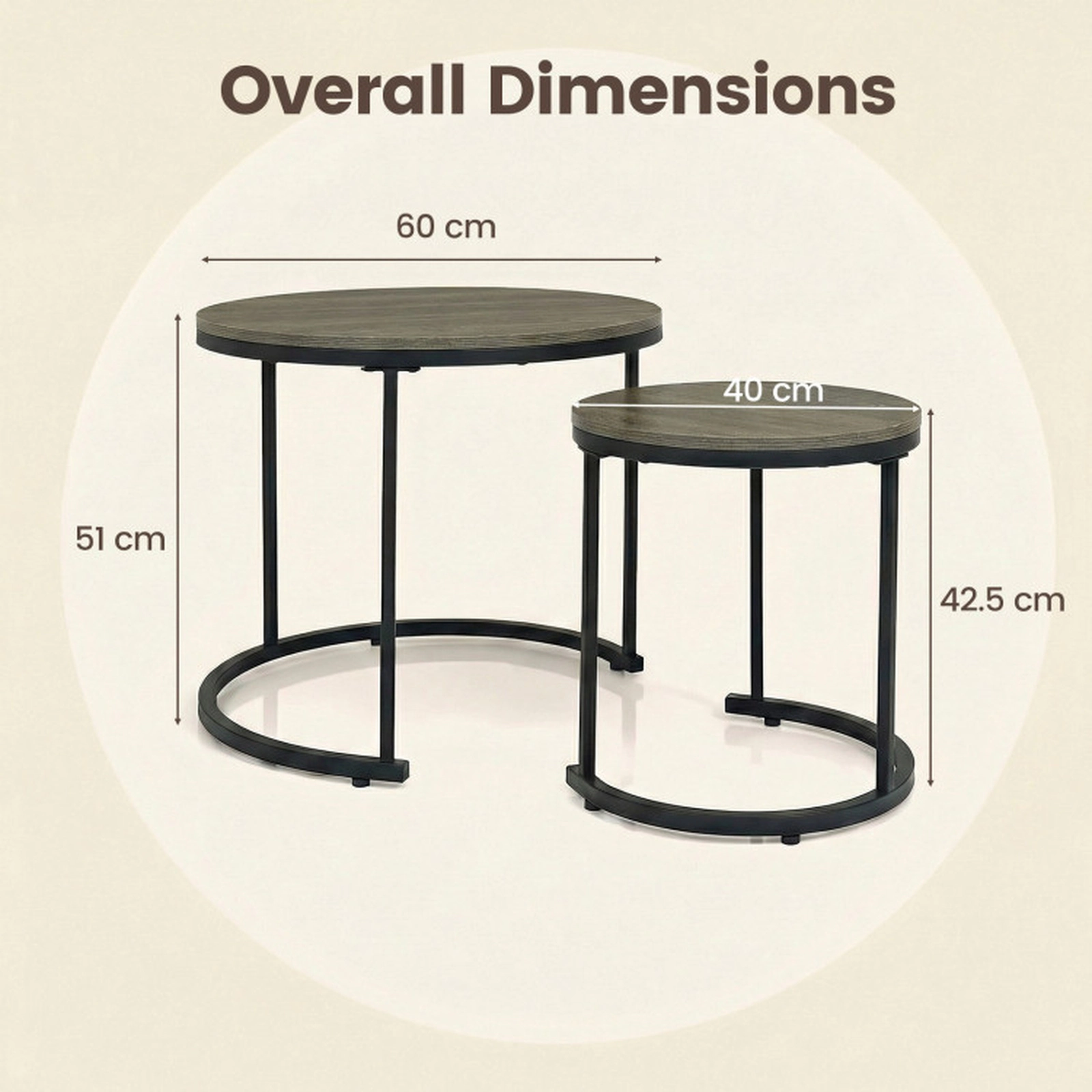 SUGIFT Set of 2 Modern Round Stacking Nesting Coffee Tables with MDF Top and Steel Frame 24-in Table Rustic Brown/Brown