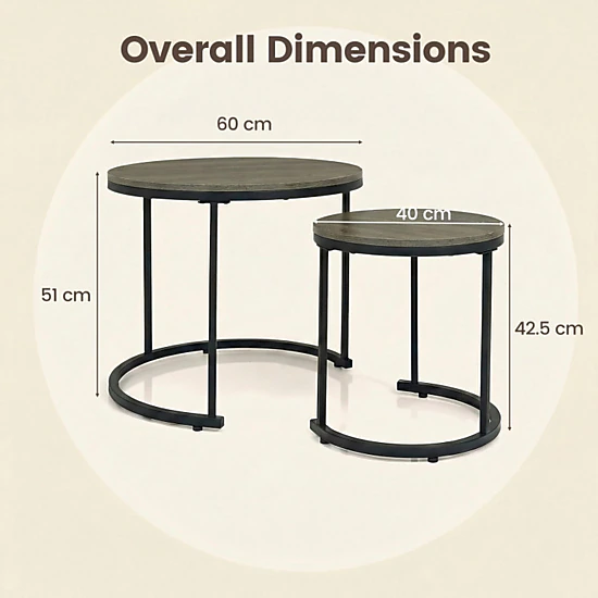 SUGIFT Set of 2 Modern Round Stacking Nesting Coffee Tables with MDF Top and Steel Frame 24-in Table Rustic Brown/Brown