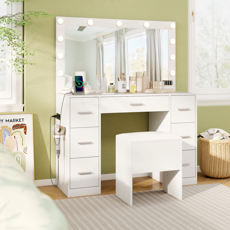 Hivvago 43.5-Inch Vanity Desk With Mirror And Lights For Bedroom-White