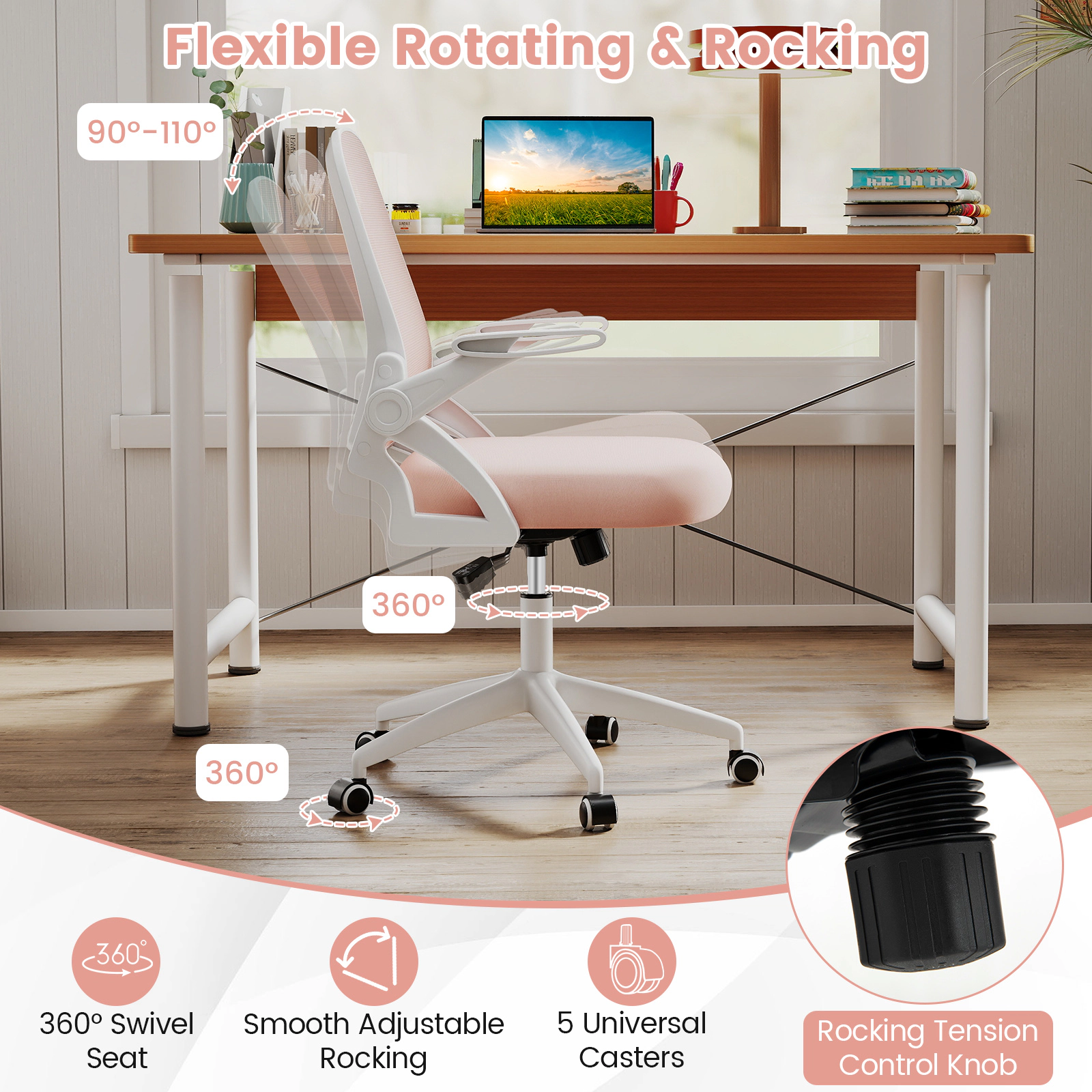 SUGIFT 330-lb Capacity Pink and White Mesh Computer Desk Chair with Built-In Lumbar Support and Flip-Up Arms