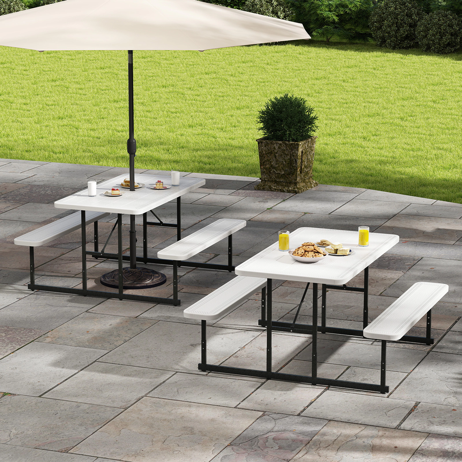 SUGIFT Picnic Table Bench Set White HDPE Rectangular Camping Dining Table for 2-4 People