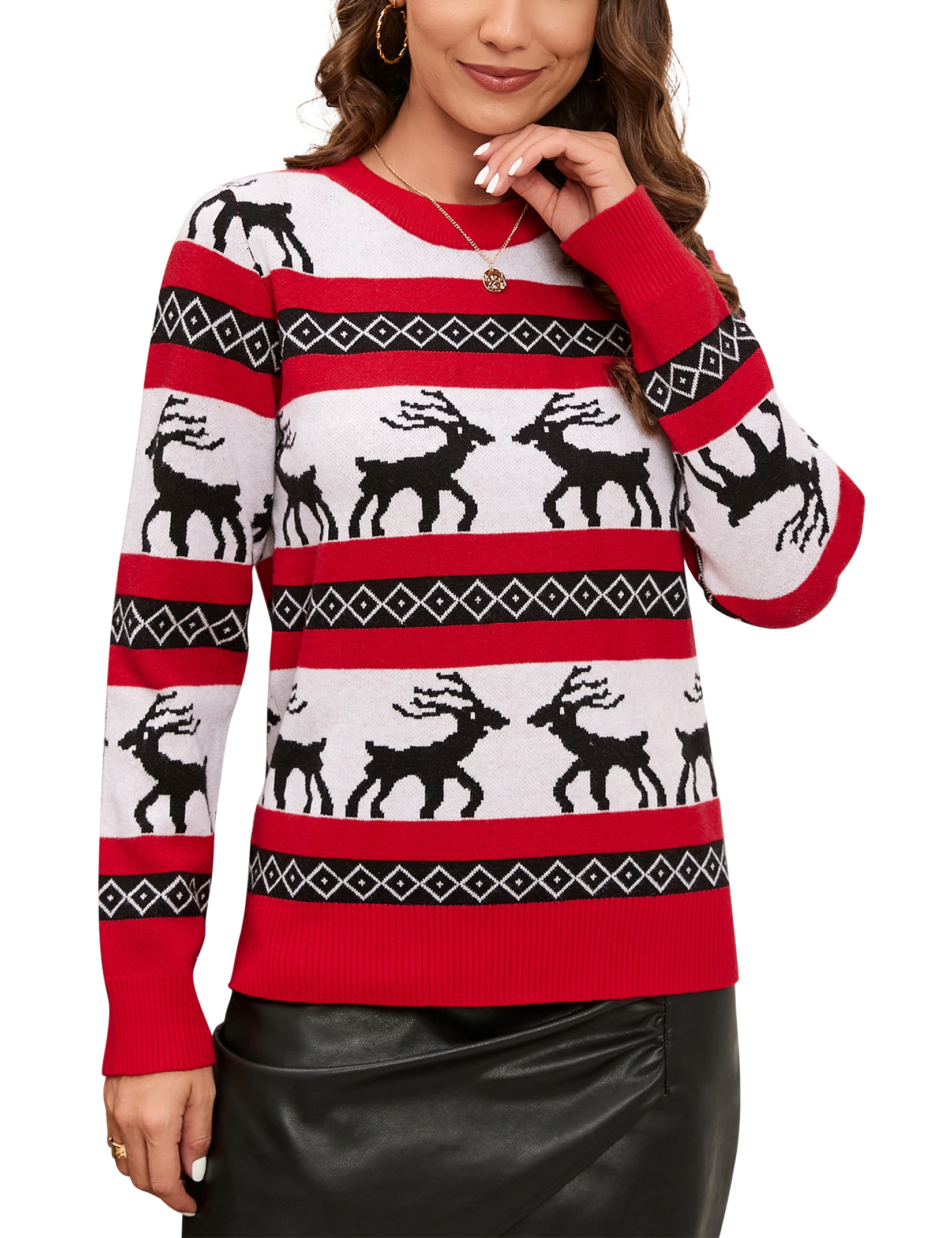 KOJOOIN Women Christmas Sweater Fair Isle Reindeer Knit Pullover Striped Jacquard Sweater for Holiday Party