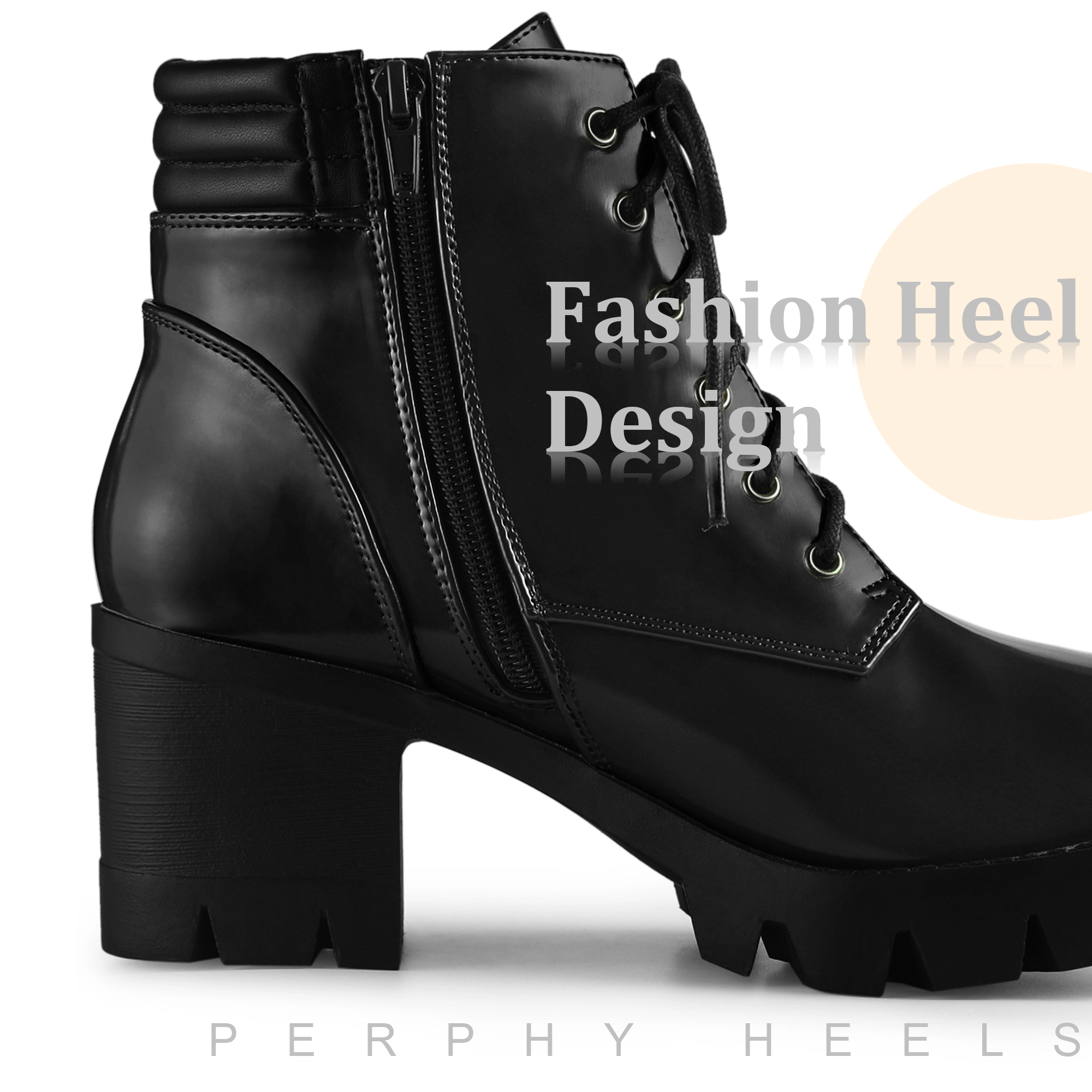 BLISSFUL STEP Women Faux Leather Platform Lace Up Chunky Heel Combat Ankle Boots