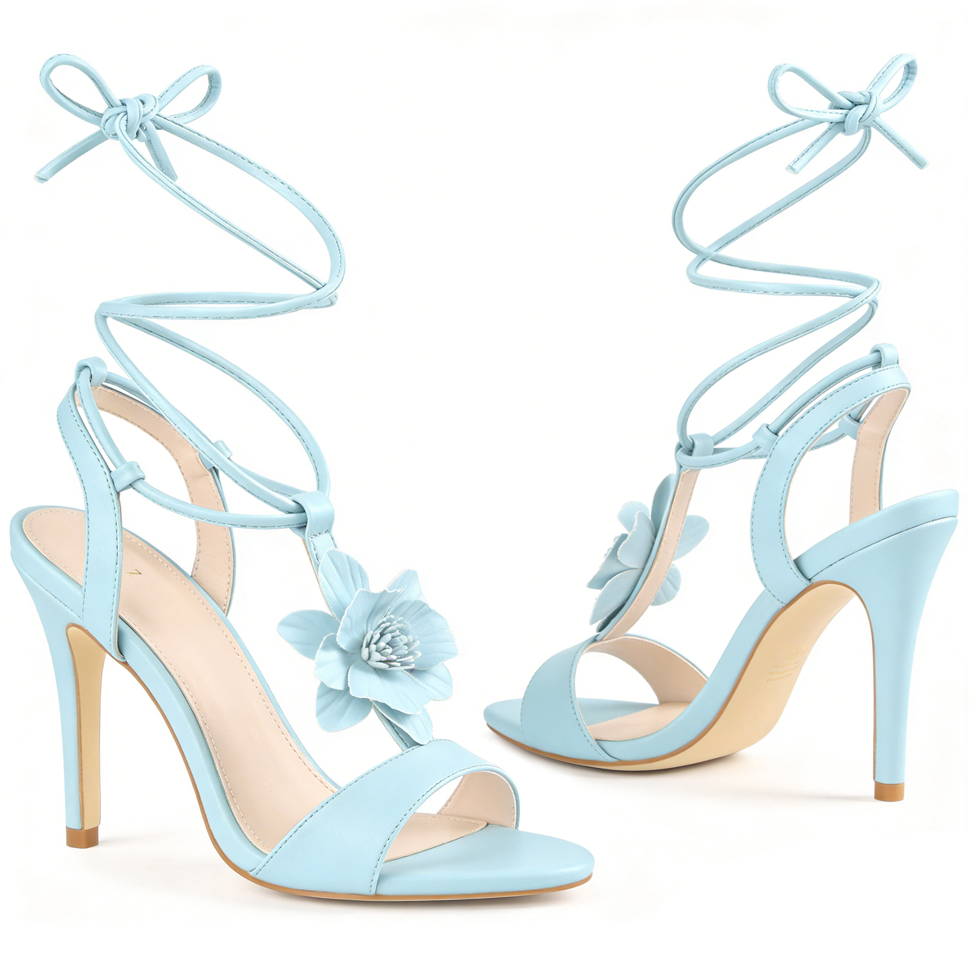 BLISSFUL STEP Women's Flower T-Strap Lace Up Stiletto High Heel Slingback Sandals