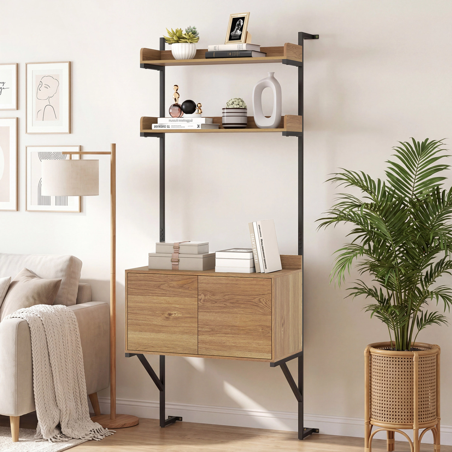 LJG Tall Ladder Shelf with Storage Cabinet Narrow Wall Mounted Ladder Bookcase