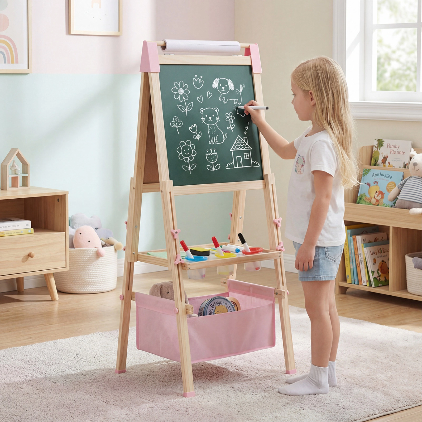 SUGIFT Pink Paper Roll and Storage Bag 3-in-1 Double-Sided Adjustable Kids Easel