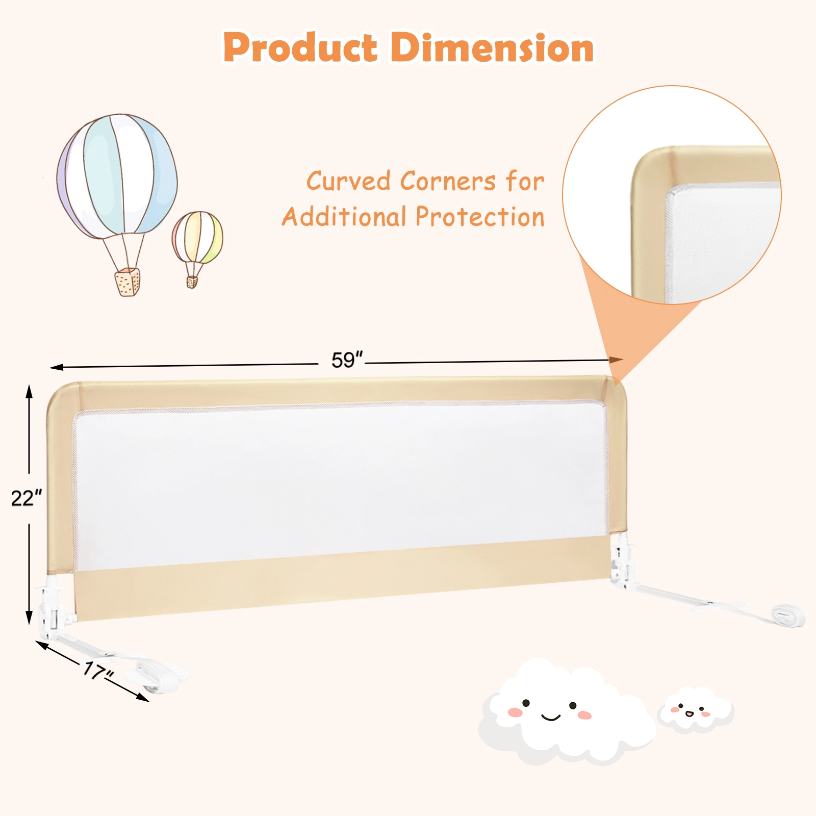 SUGIFT 59-in Folding Breathable Baby Bed Rail Guard with Safety Strap for Ages 2+ Fits 4.72-11.81-in Mattresses Beige
