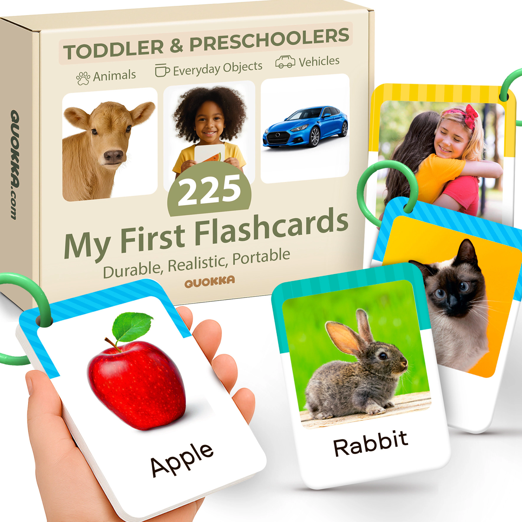 QUOKKA Flash Card Set for Toddlers Ages 1–3, 225 Picture Cards with Rings, Alphabet, Numbers, Animals & Everyday Objects