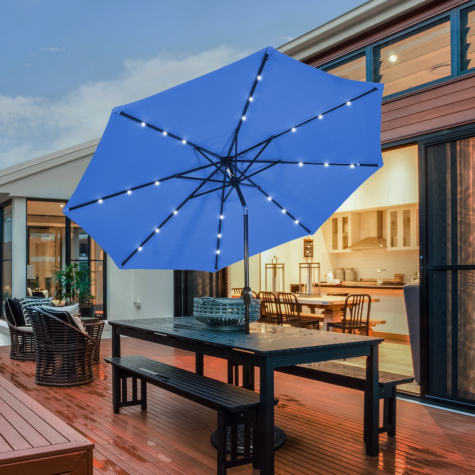 SUGIFT Blue Solar Patio Market Umbrella with Crank Lift Tilt Adjustment and 24 LED Lights 10-ft Dia 8.2-ft H