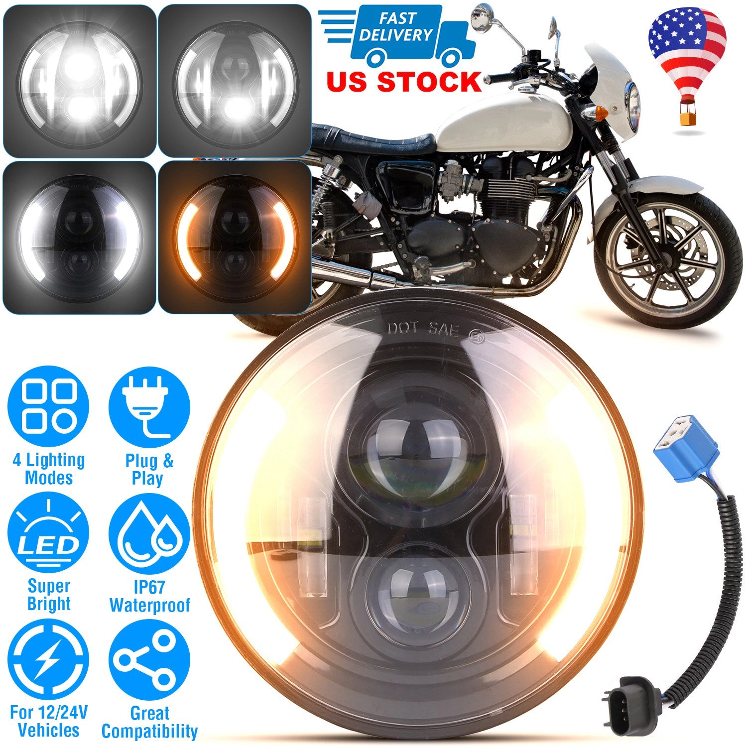 GBruno 7 In 40W Round LED Headlight With Halo DRL