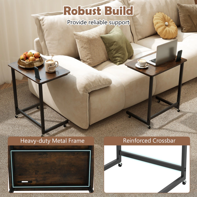 Hivvago C-Shaped End Table With Wheels Mobile Bedside Table With Built-In Phone Slot