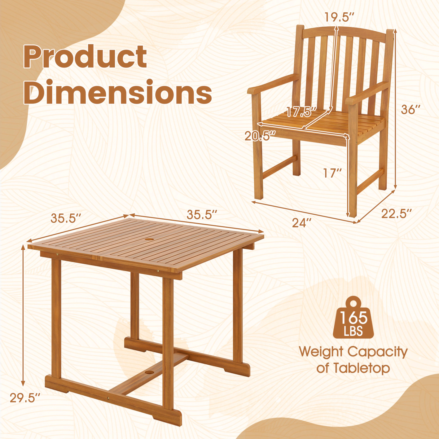 LJG 5-Piece Outdoor Square Patio Dining Set for 4 with Acacia Table & Armchairs