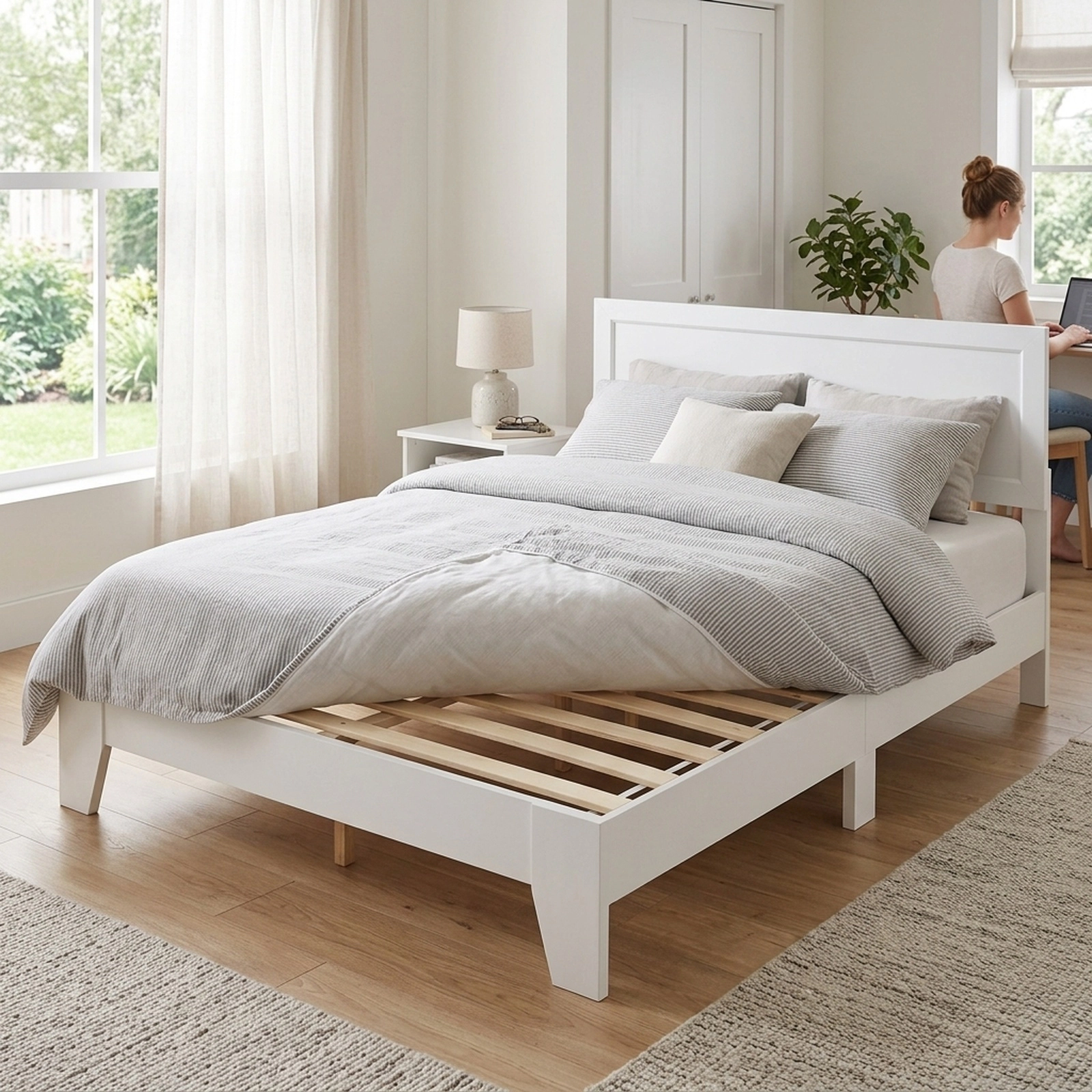 SUGIFT Full Size White Platform Bed with Mid-Century Panel Headboard