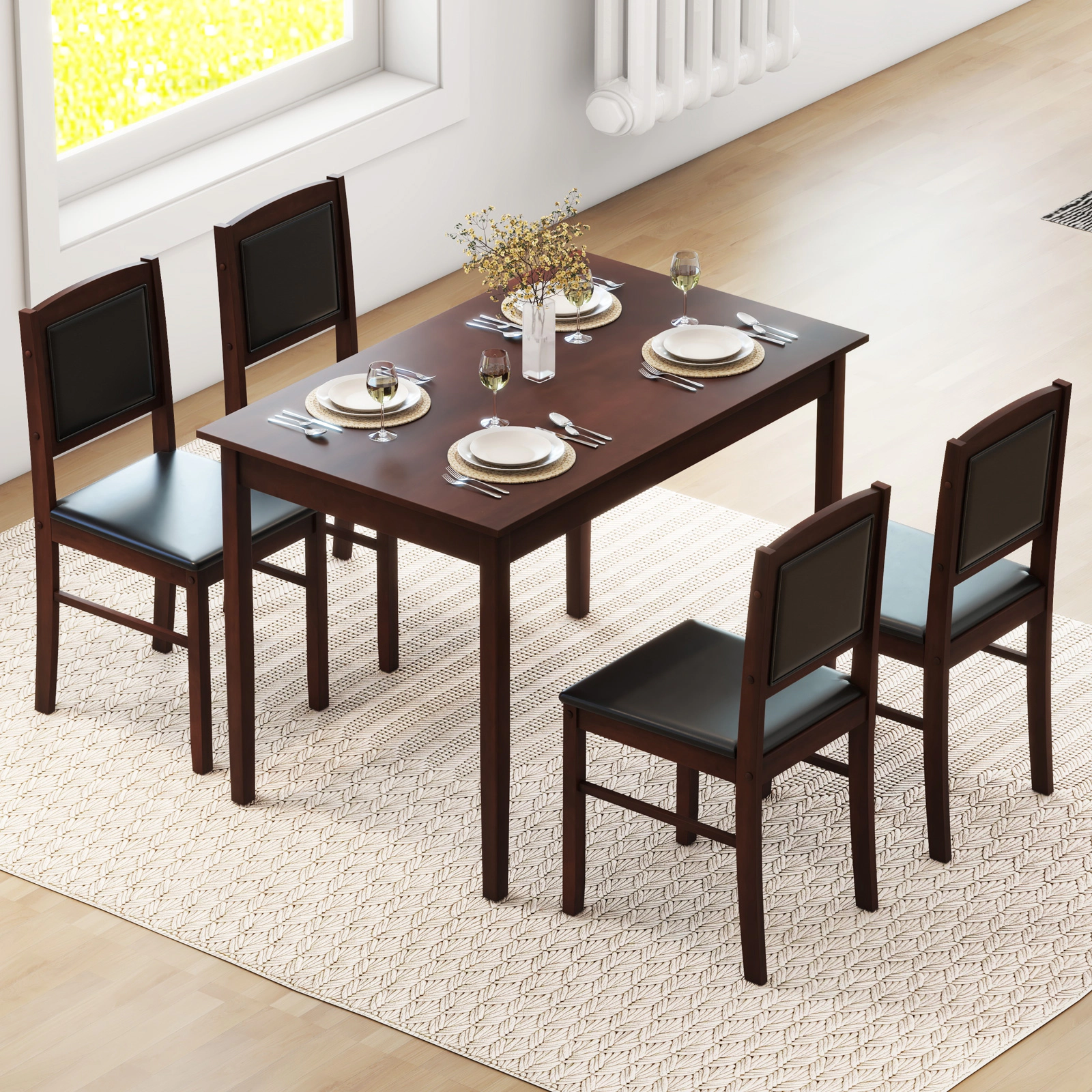 SUGIFT 5-Piece Brown Farmhouse Dining Set with 4 Padded Chairs