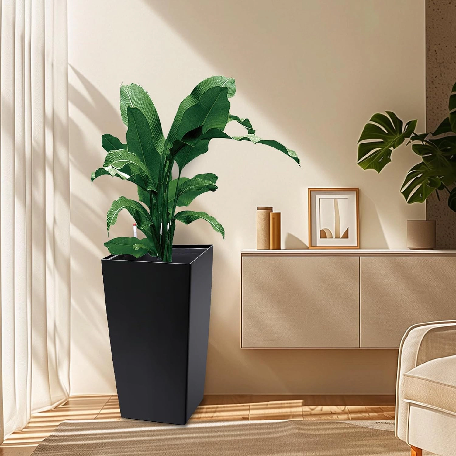Set of 2 Tapered Planters 30" Tall, Modern White Plastic with Drainage & Drip Tray, Outdoor Patio Porch Garden Decor