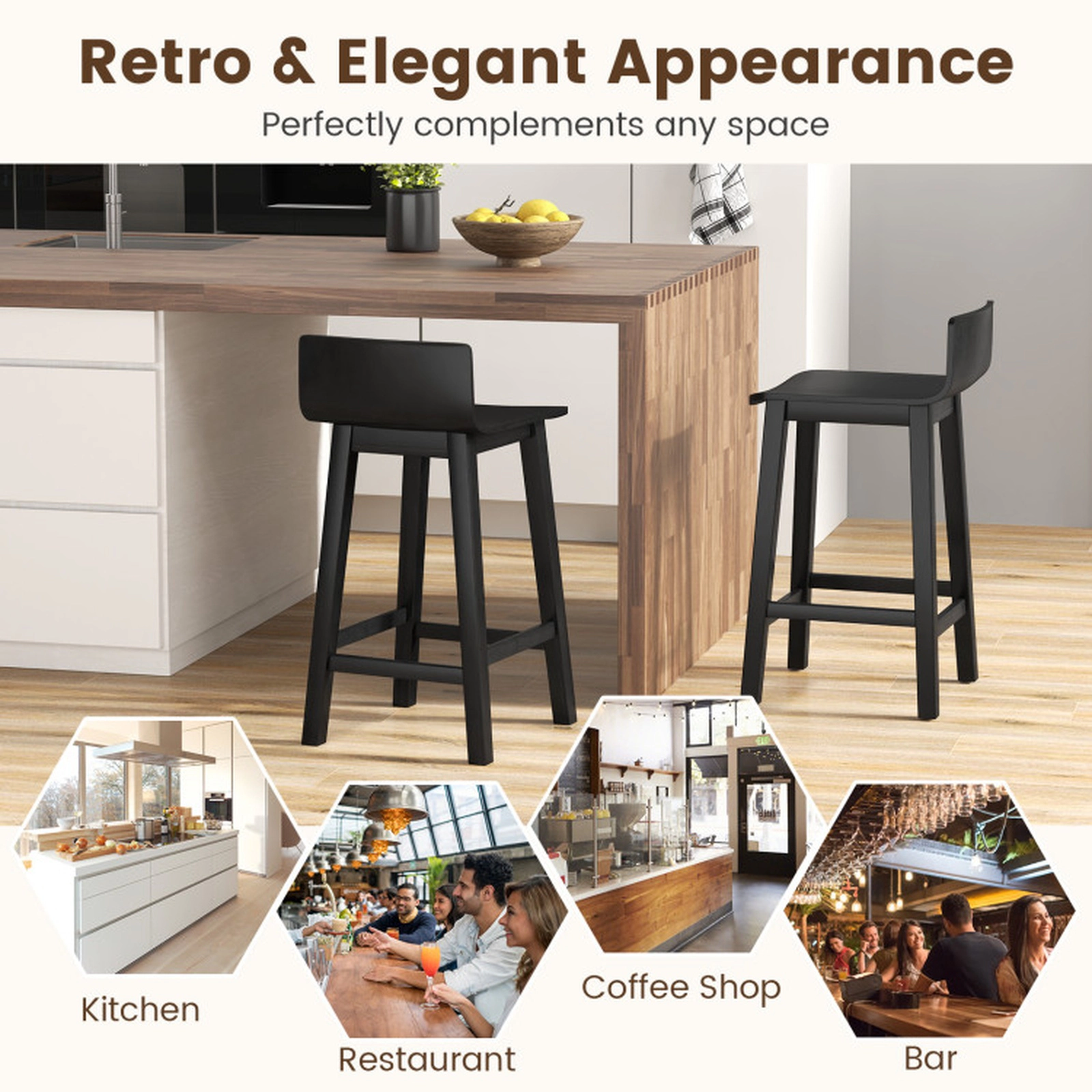 SUGIFT Set of 2 Black Mid-Century Solid Wood Bar Stools, 24.5 in Seat, Backrest and Footrest