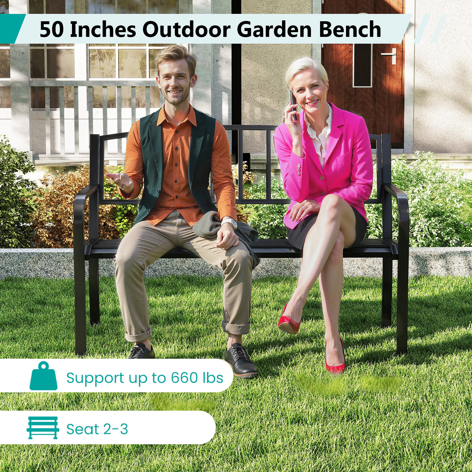 SUGIFT 50-Inch Black Metal Outdoor Garden Bench, 660-Lb Capacity, Slatted Backrest and Curved Armrests