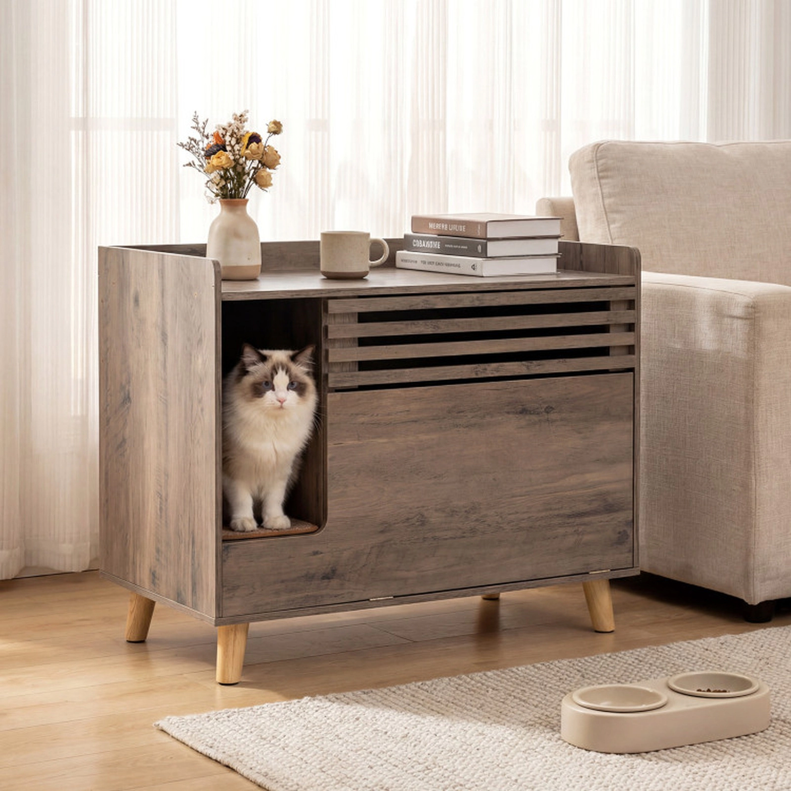 SUGIFT Brown Cat Litter Box Enclosure with Flip-Down Door 31.5-in W 18-in D 25.5-in H 66-lb Top Capacity