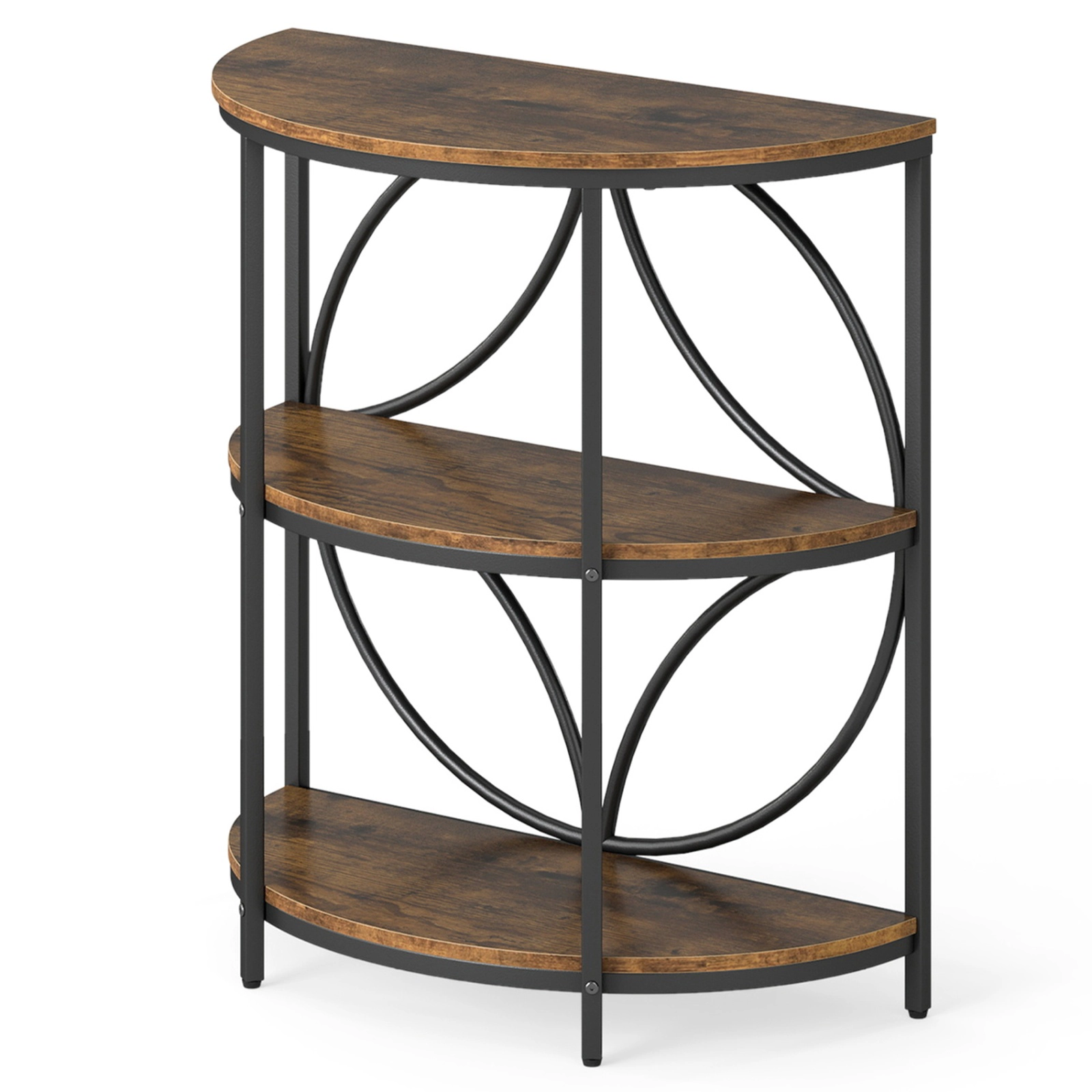 SUGIFT 26-Inch 3-Tier Half-Round Narrow Side Table, Metal Frame, Flat Back, Walnut Finish