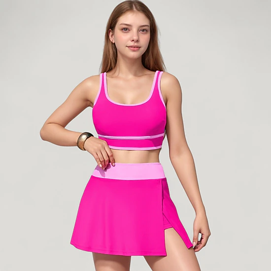 Anna-Kaci Women's Contrast Trim Scoop Neck Bikini Top and High-Waist Skirted Swim Set