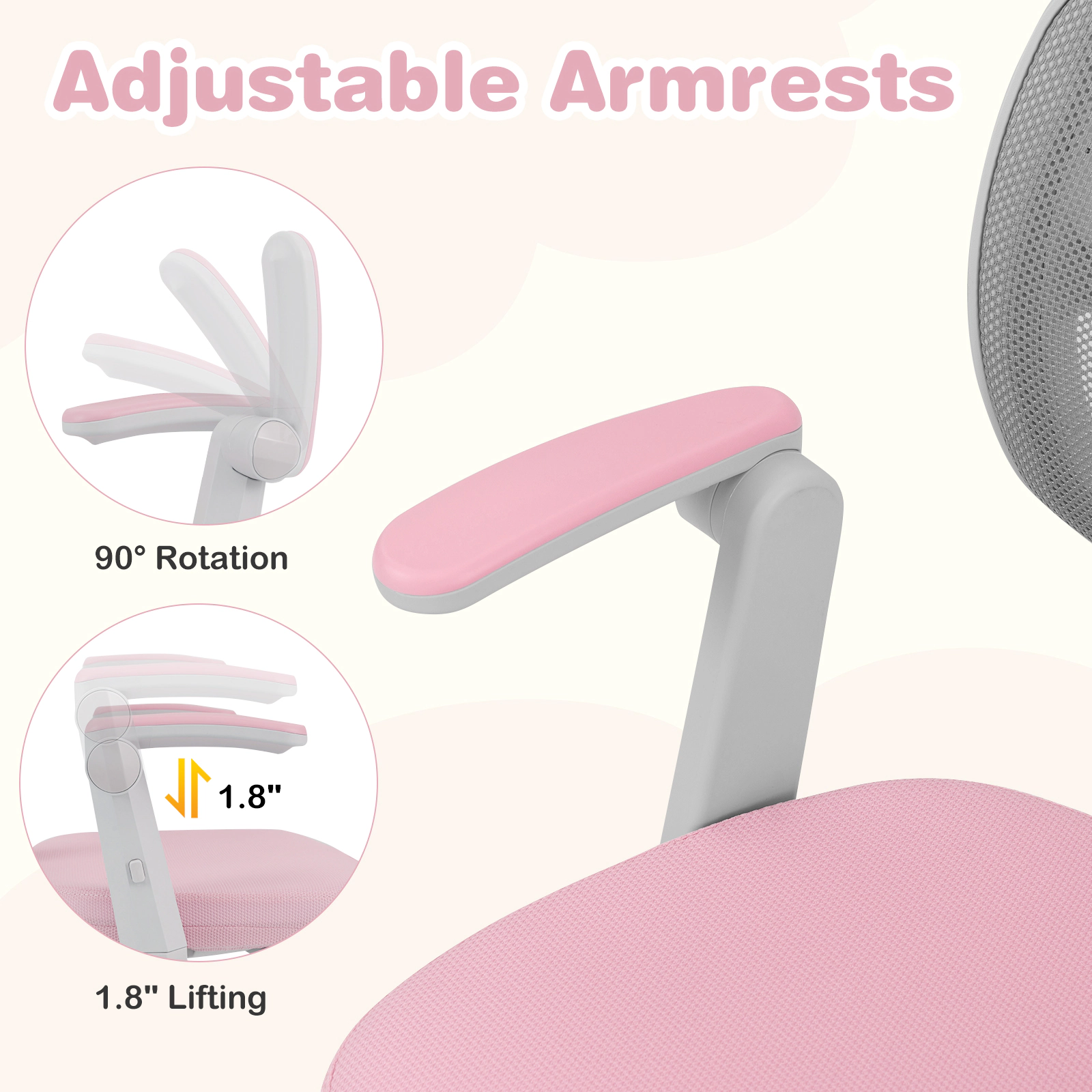 SUGIFT Adjustable Kids Study Desk Chair with Swivel Seat Armrests & Footrest 330-lb Capacity 22.5 x 21.5 x 31.5 in Pink