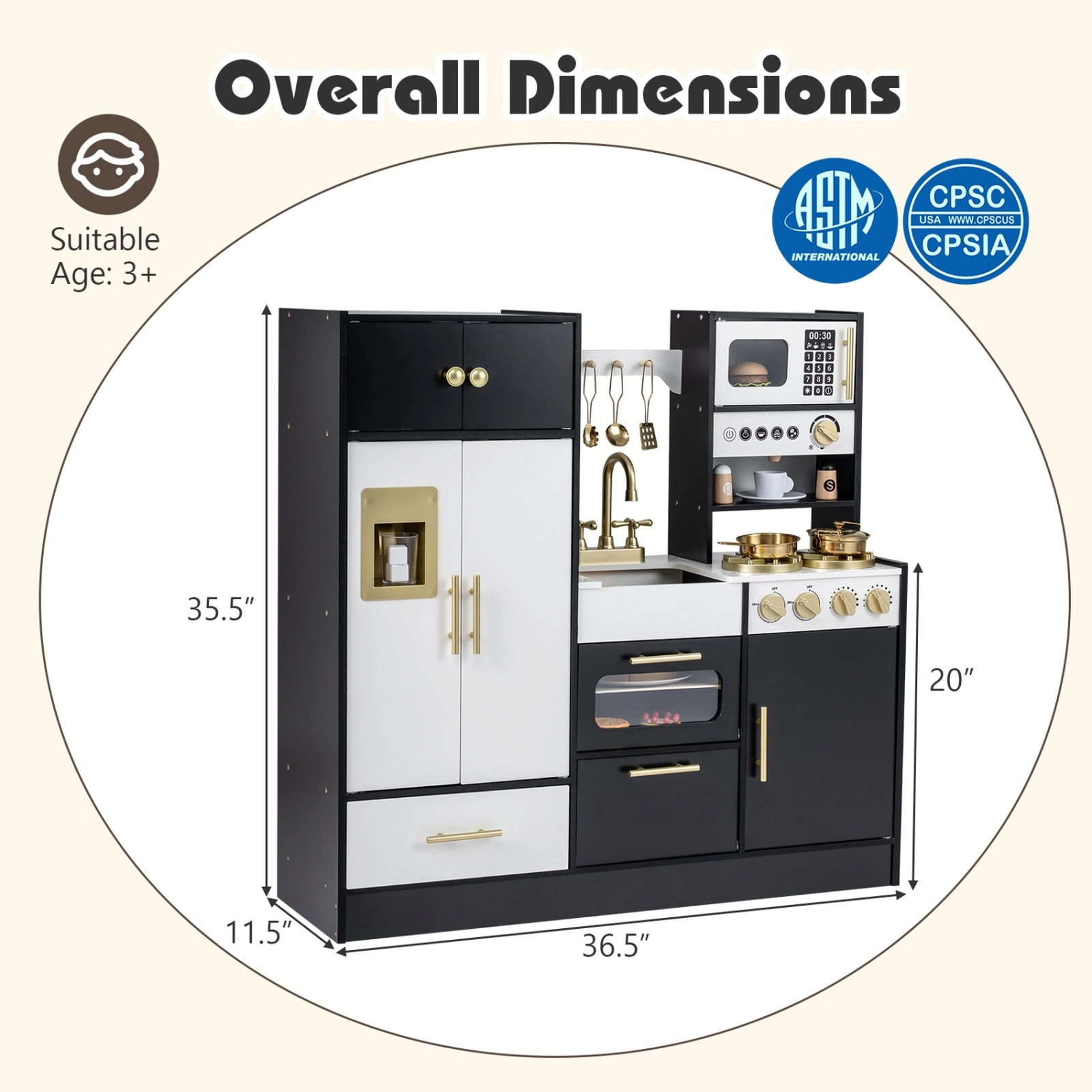 SUGIFT Black Ice Machine Coffee Maker and Realistic Lights Kids Wooden Play Kitchen
