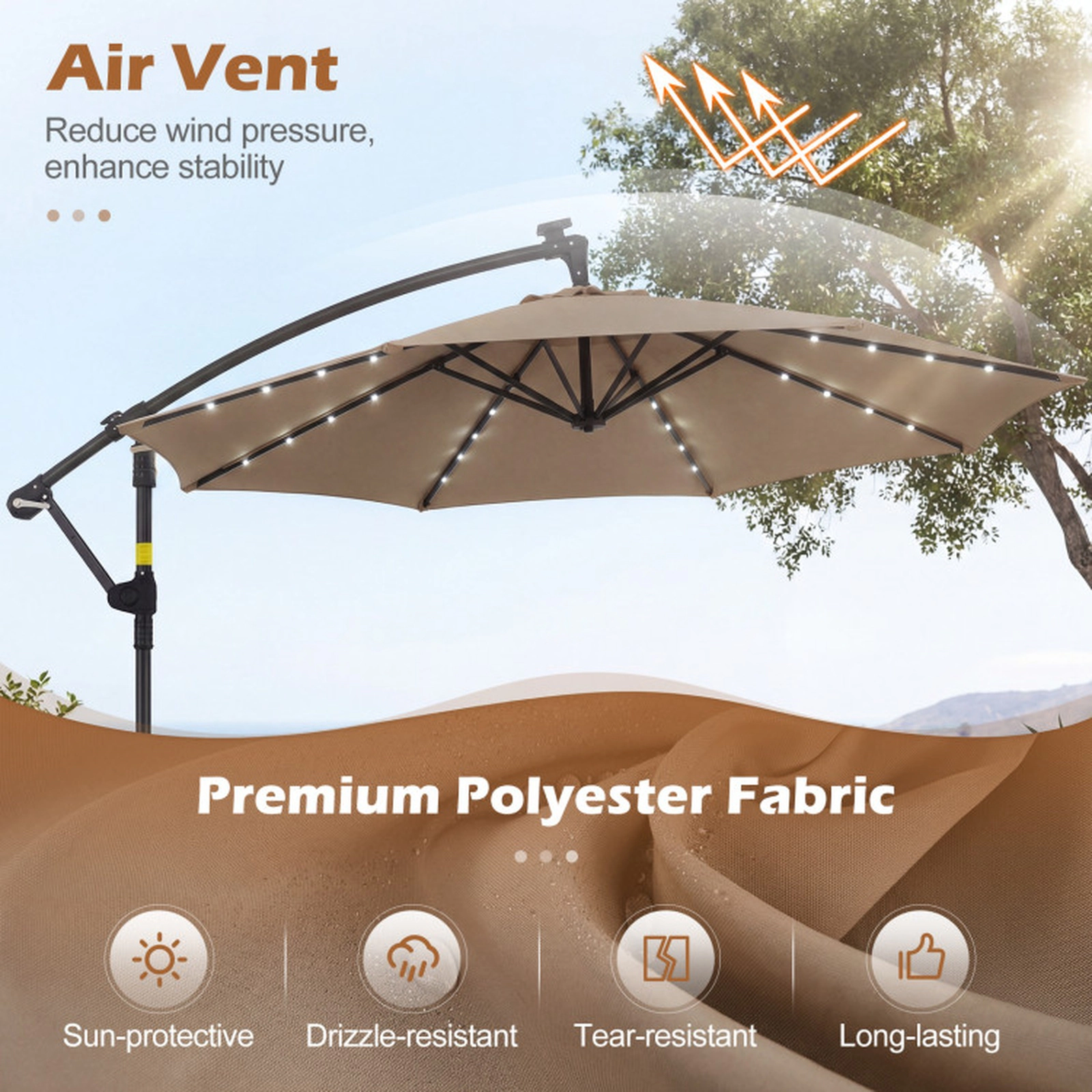 SUGIFT Weighted Cross Base 10 FT Solar LED Offset Cantilever Patio Umbrella