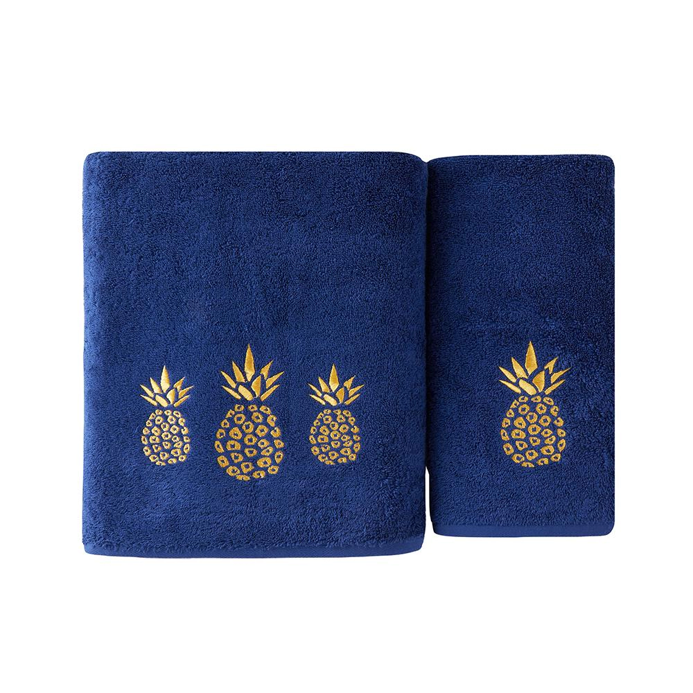 SKL Home Saturday Knight Ltd Gilded Pineapple Majestic Gold Embroidered Bath Towel - 27 x 50", Navy