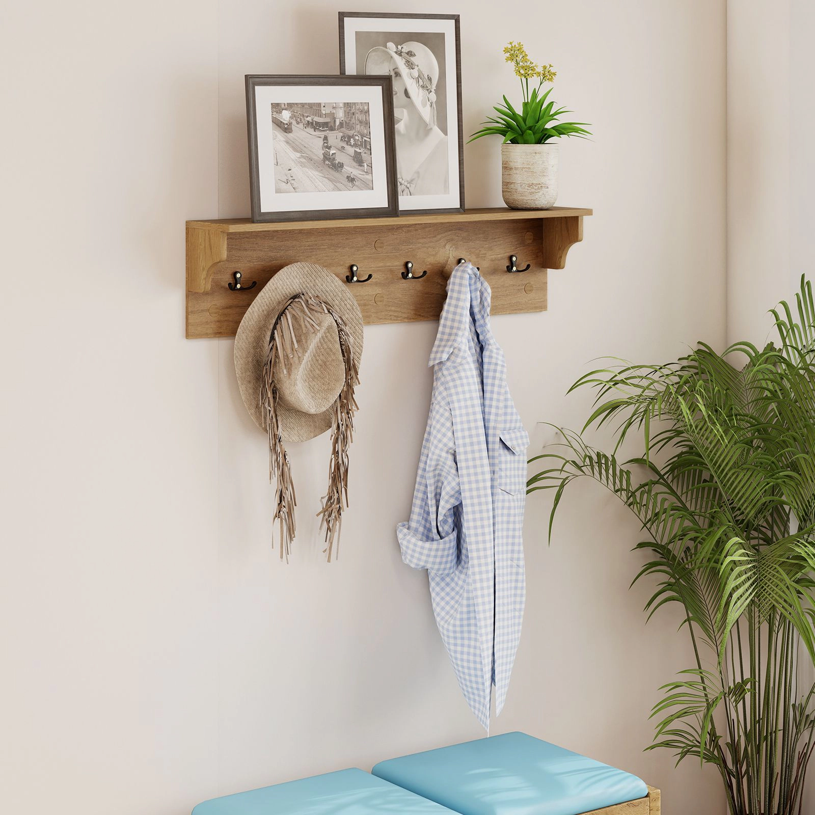 SlickBlue 31.5 Inch Wall Shelf with Hooks Wooden Coat Rack for Entryway