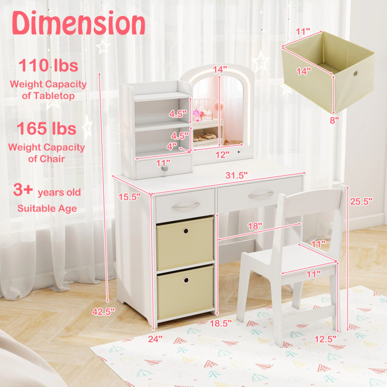 SUGIFT Kids Vanity Set with Lighted Mirror Makeup Desk and Chair 110-lb Tabletop 3+ Years White with Drawers