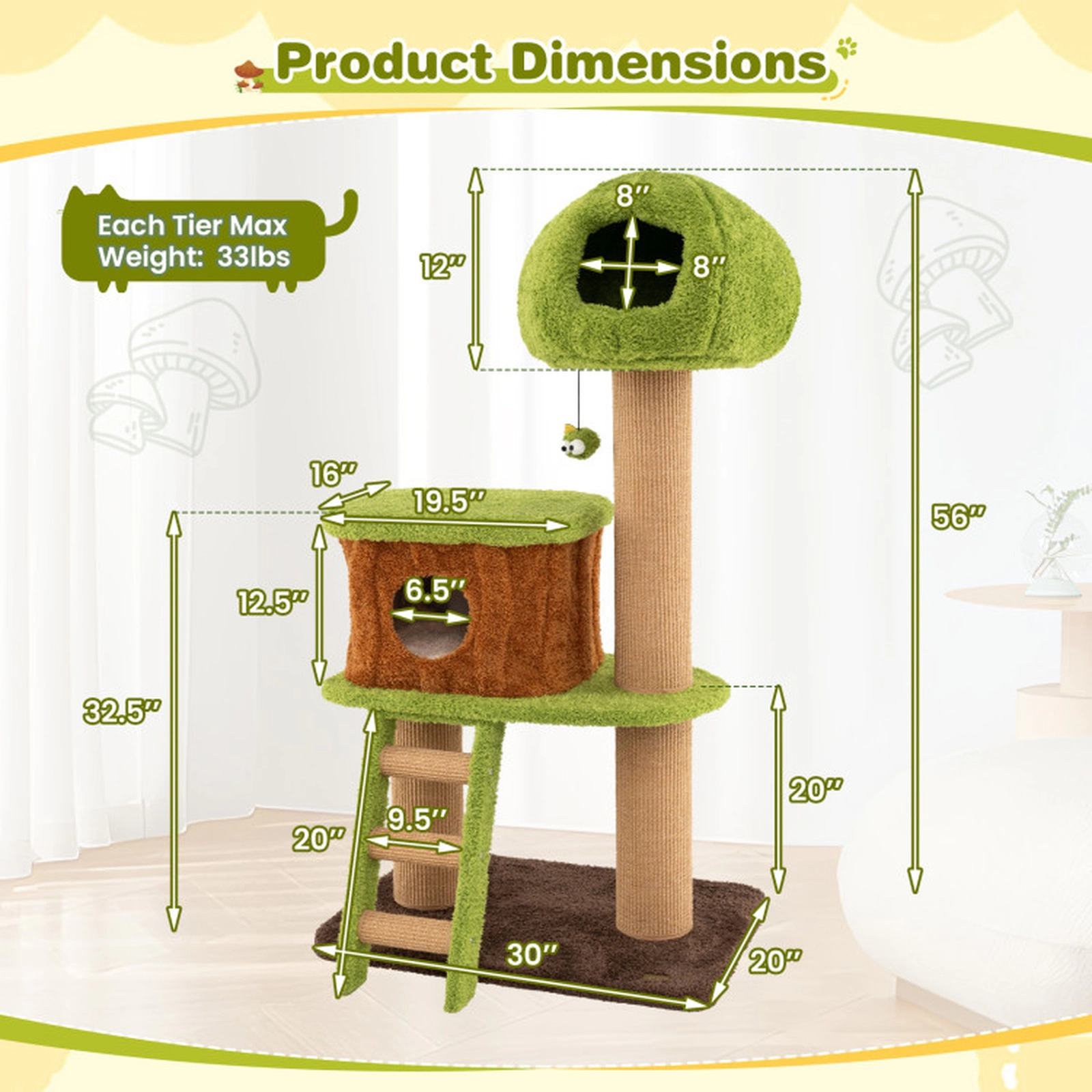 SUGIFT Green 56 in Mushroom Nest Condo and Climbing Ladder Cute Cat Tree