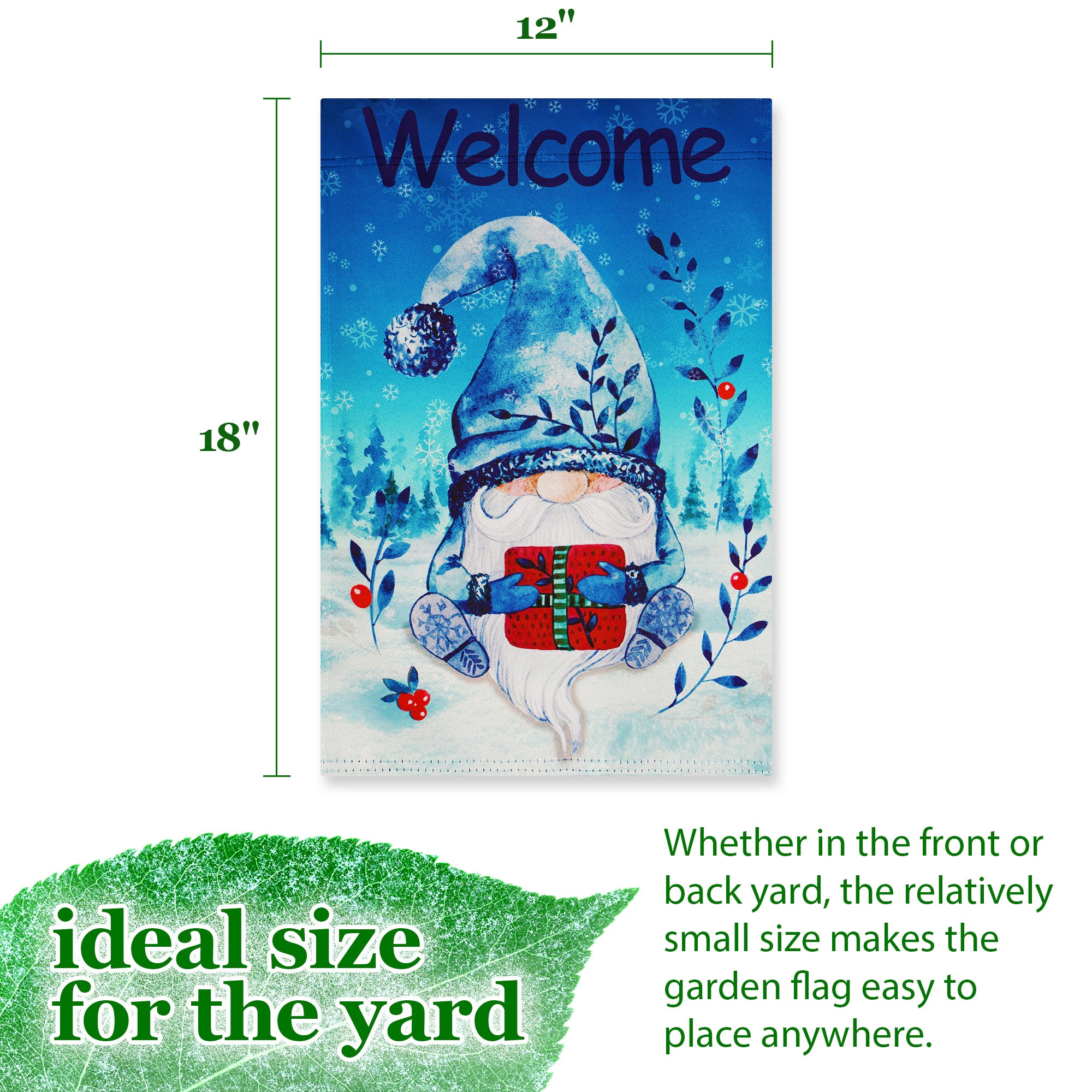 G128 12x18in Blockout Polyester Garden Flag - Festive Bearded Gnome with Parcel