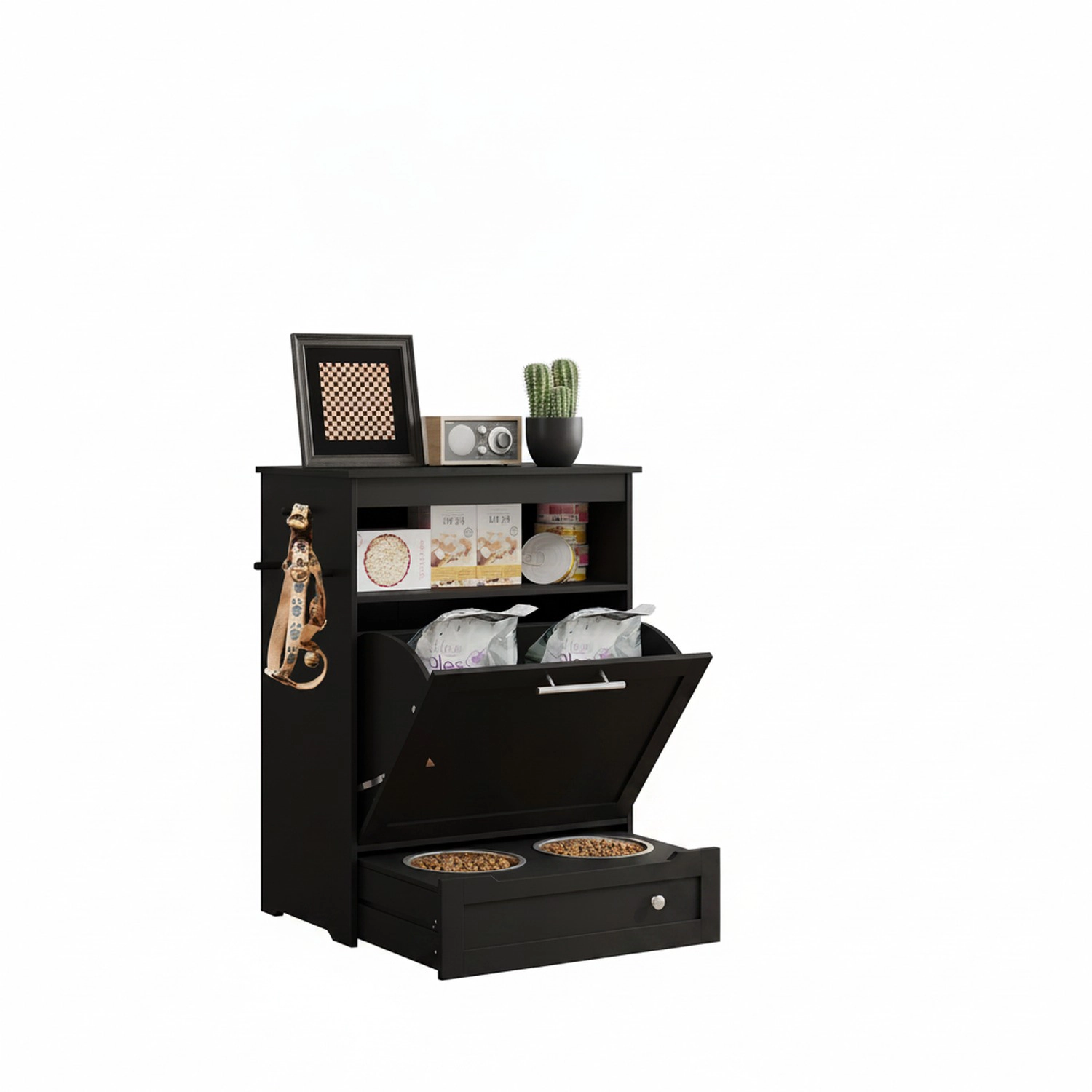 HONGGE Pet Feeder Station Storage Cabinet, Dog Food Container with Raised Bowls, Watering Supplies
