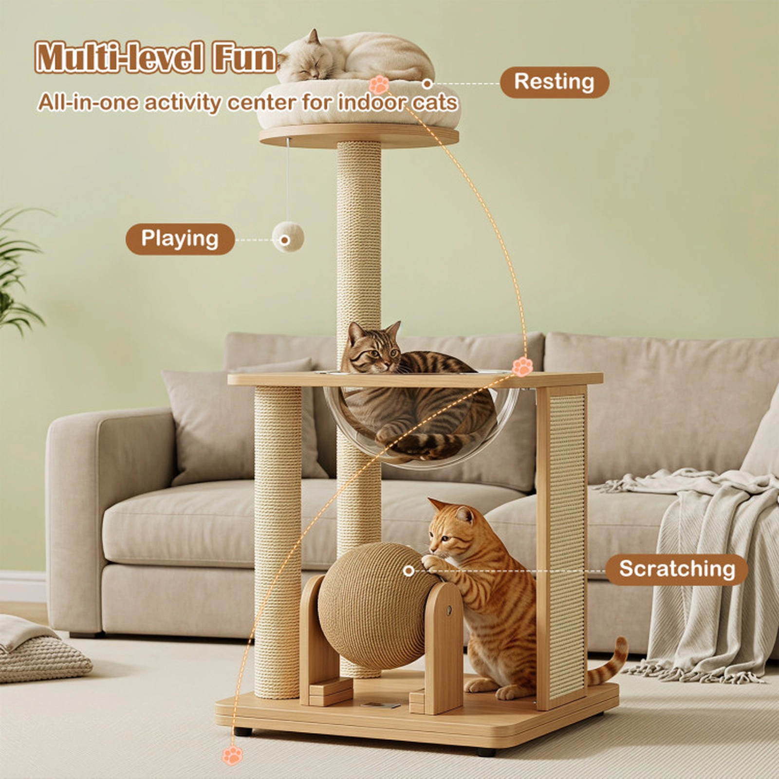 SUGIFT Natural Wood Cat Tree with Space Capsule and Scratching Ball 23.5-in W 21-in D 40-in H 33-lb Per Layer