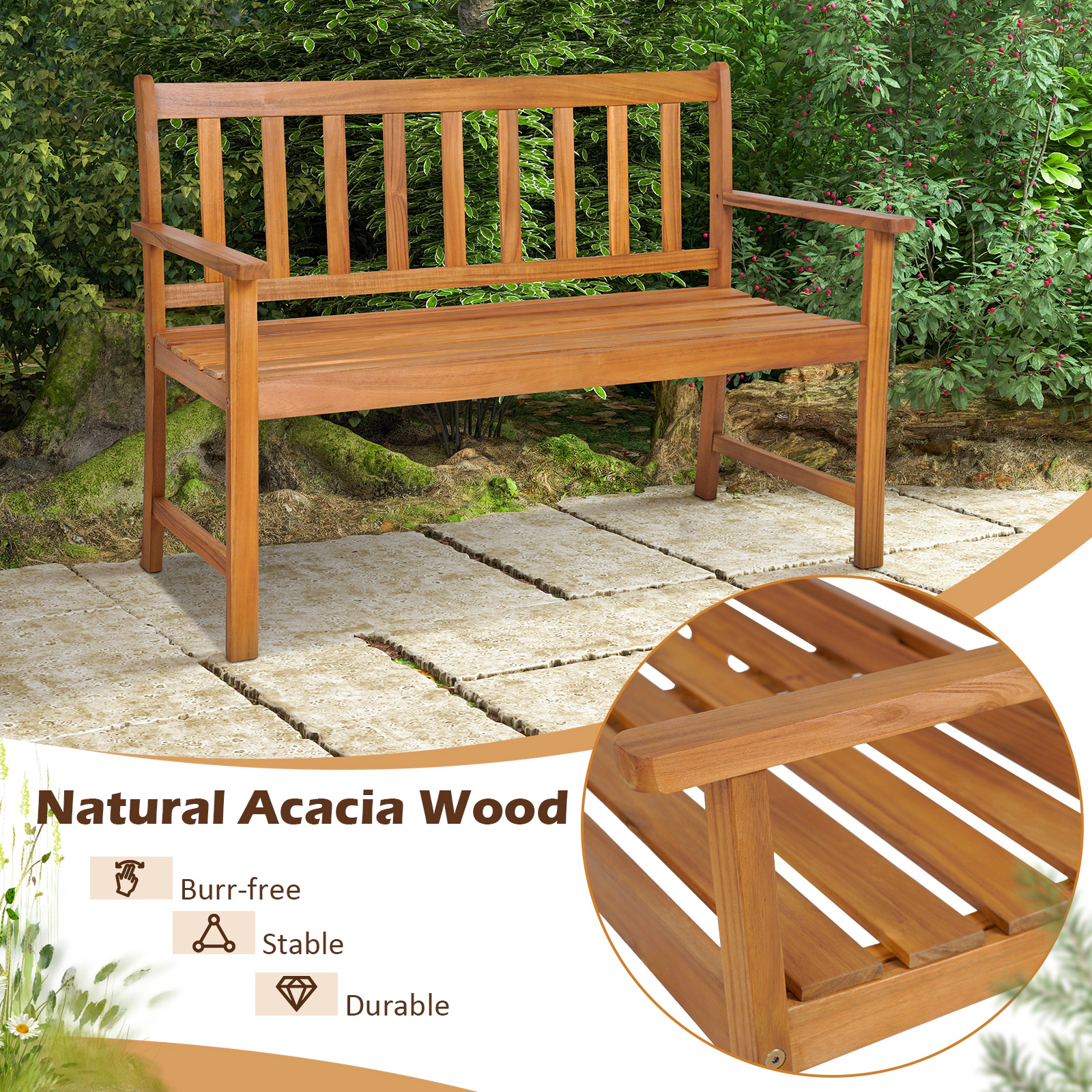 SUGIFT 48-Inch Acacia Wood Outdoor Park Bench, 2-Person, Slatted Backrest, Natural Finish