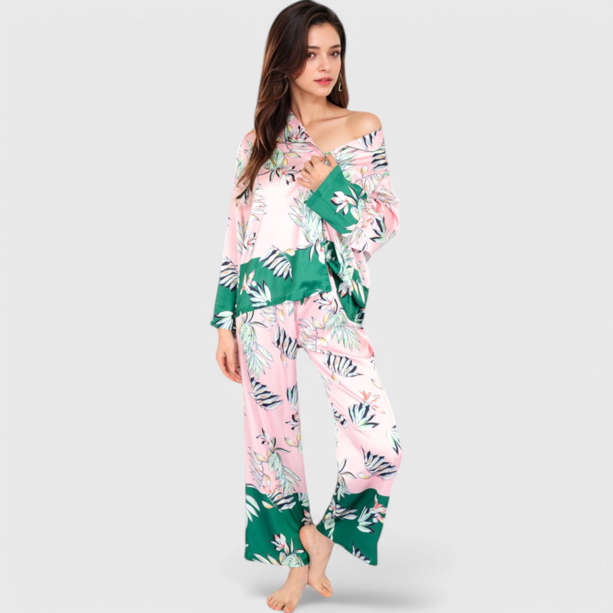 Anna-Kaci Women's Floral Satin Pajama Set with Button Up Long Sleeve Top and Matching Pants