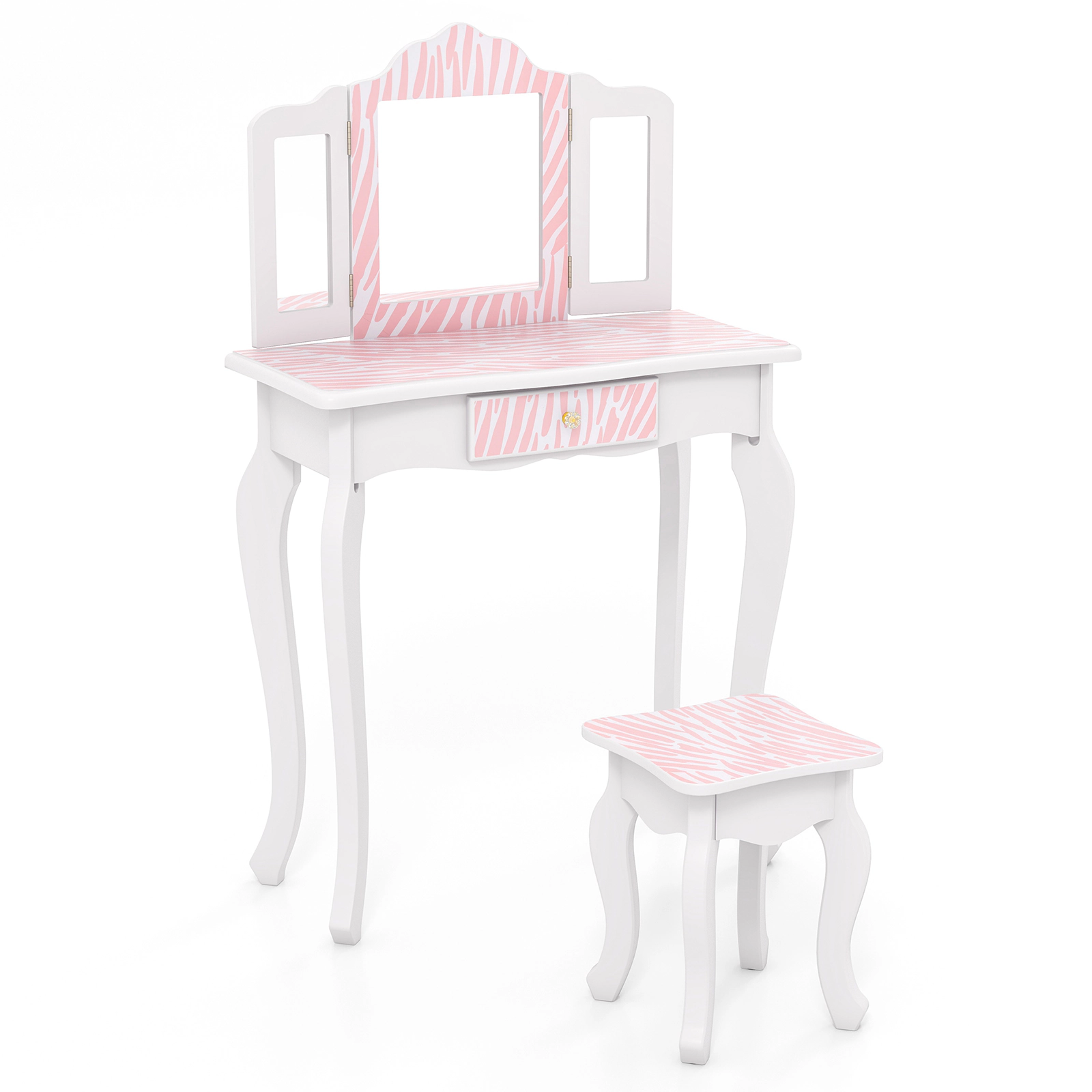 SUGIFT Pink Tri-Folding Mirror Storage Drawer 3 Makeup Accessories and Stool Kids Vanity Set