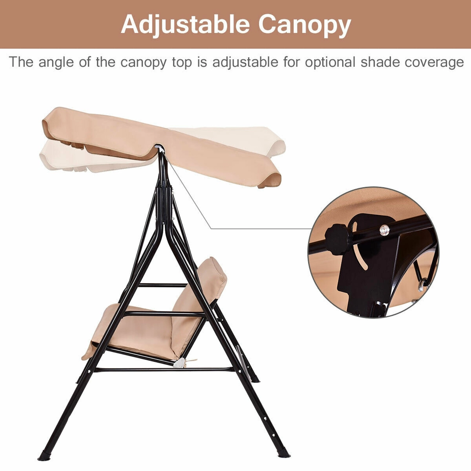 SUGIFT Loveseat Patio Swing Glider Beige Cushioned Steel Frame Swing with Canopy