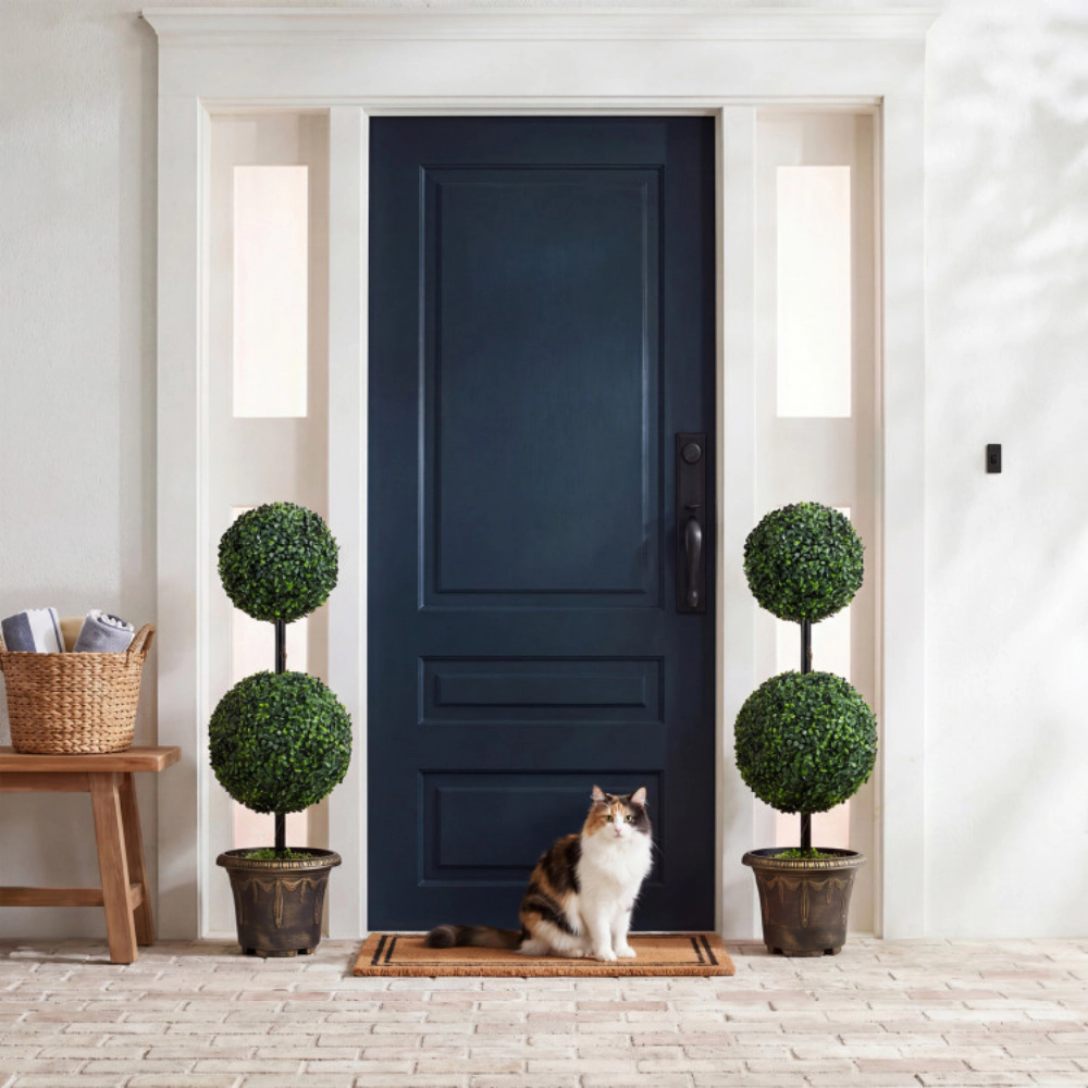 Slickblue Artificial Boxwood Topiary Tree 35in Black Gold Planter Dual Ball Faux Greenery Decor