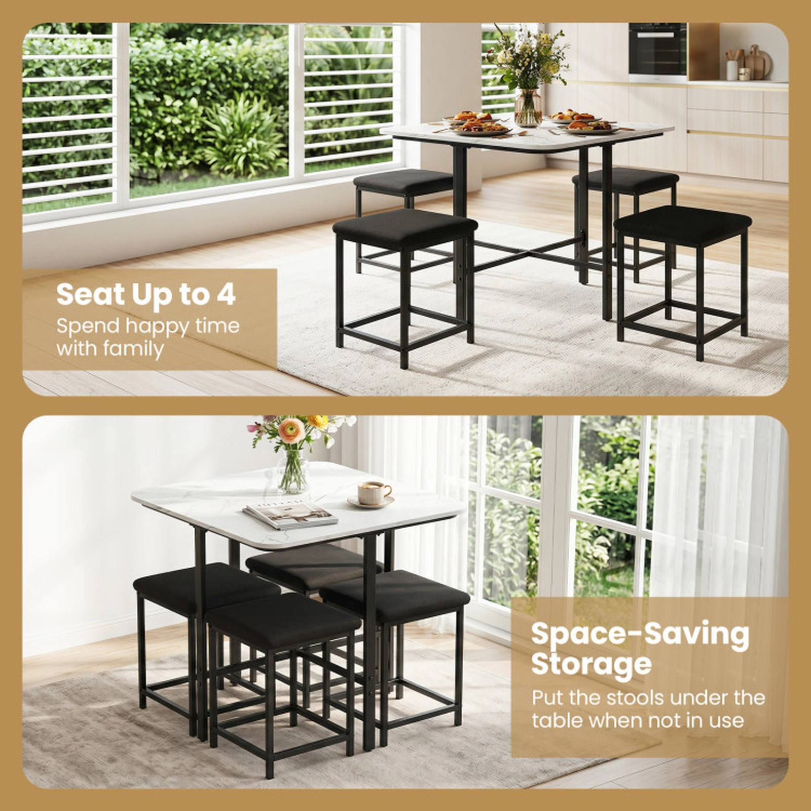 SUGIFT 35.5-in Square Dining Table Set with 4 Upholstered Stools and Metal Frame 180-lb Tabletop Capacity White