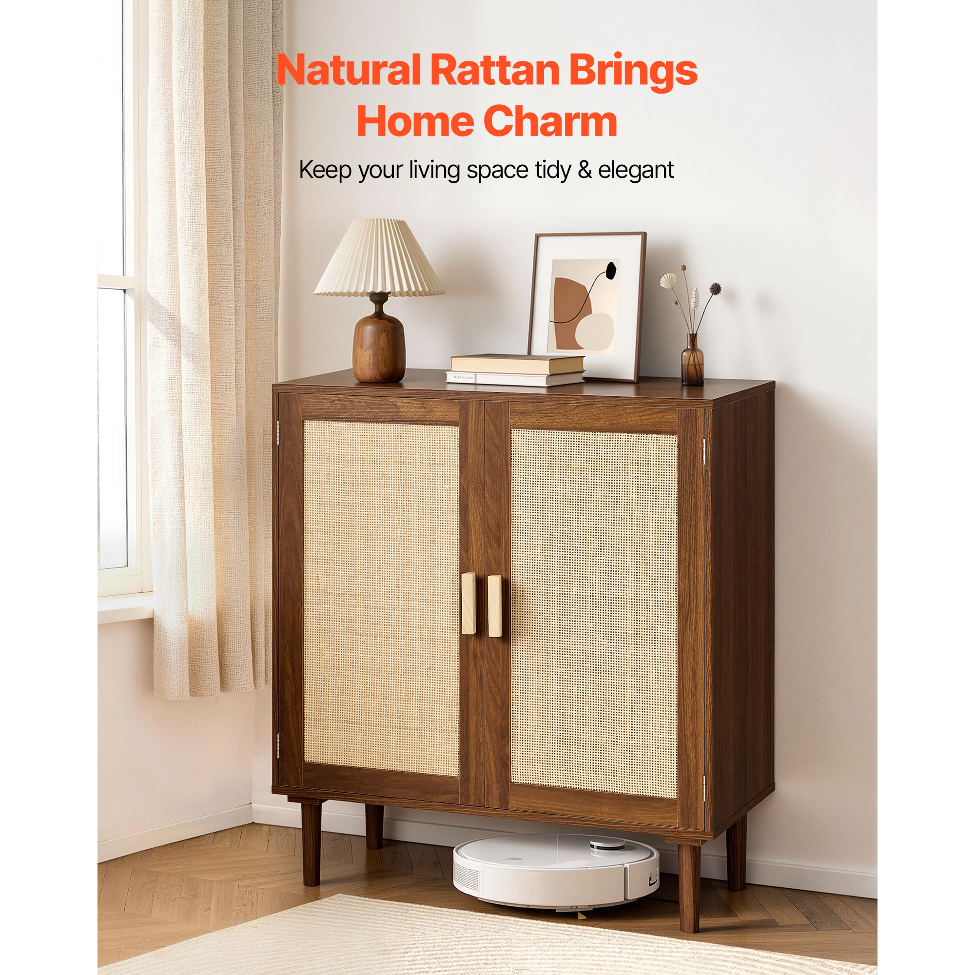 HONGGE Rattan Cabinet Rattan Storage Cabinet with 2 Magnetic Doors and Adjustable Shelves Accent Sideboard Buffet with