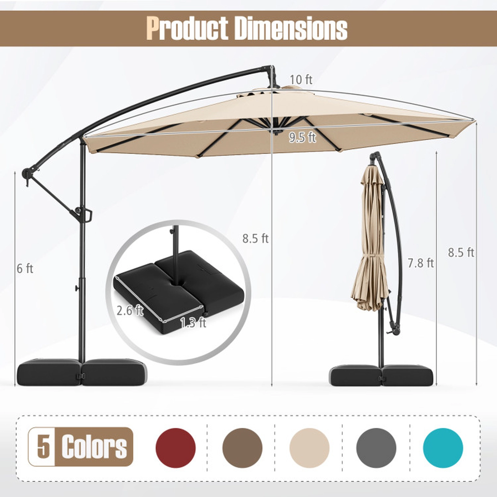 SUGIFT 10-ft Beige Offset Cantilever Patio Umbrella with 220-lb Fillable Base Sealed Hinge and Silent Crank